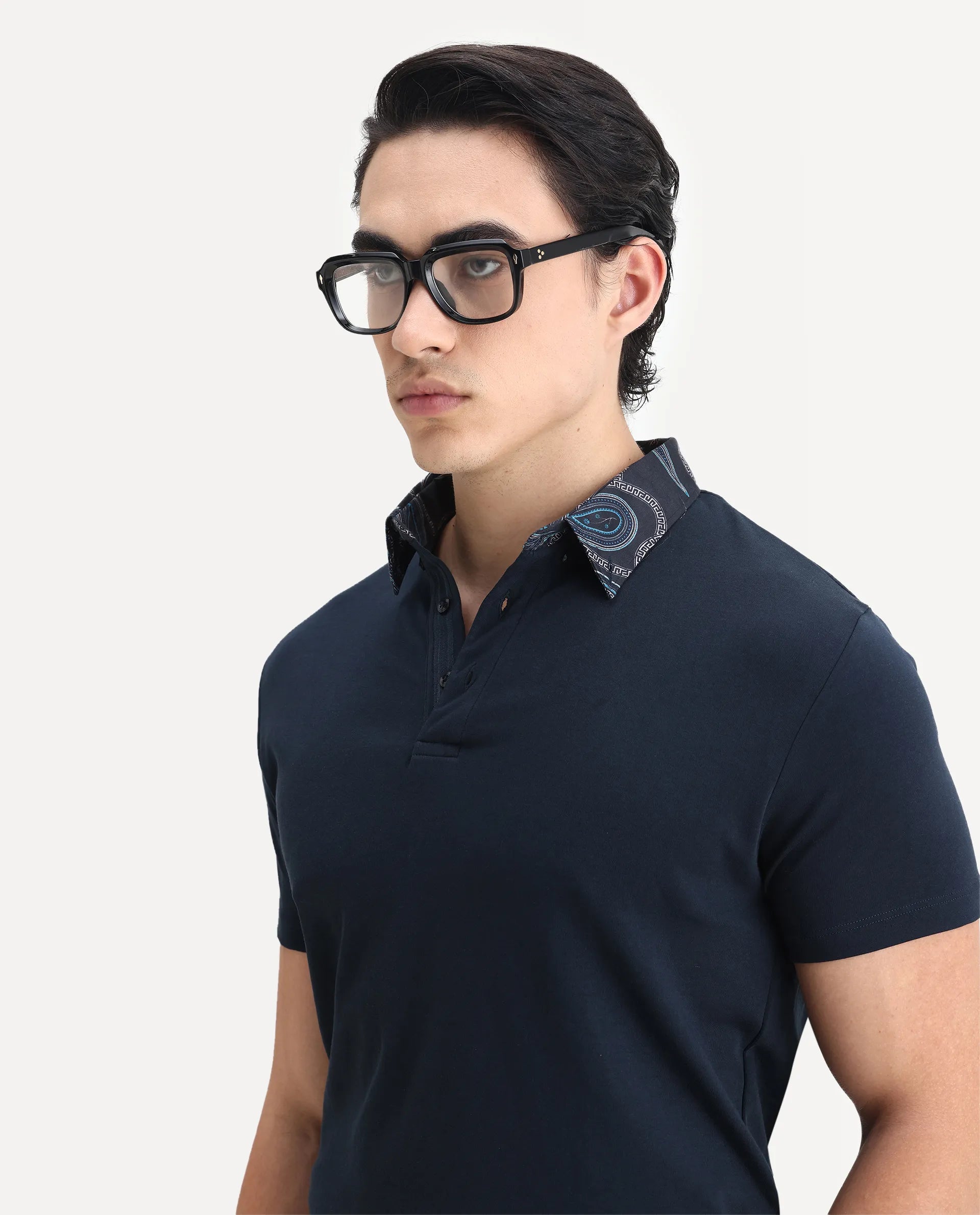 Rare Rabbit Men's Ringer-1 Navy Cotton Printed Regular Fit Half Sleeve Polo