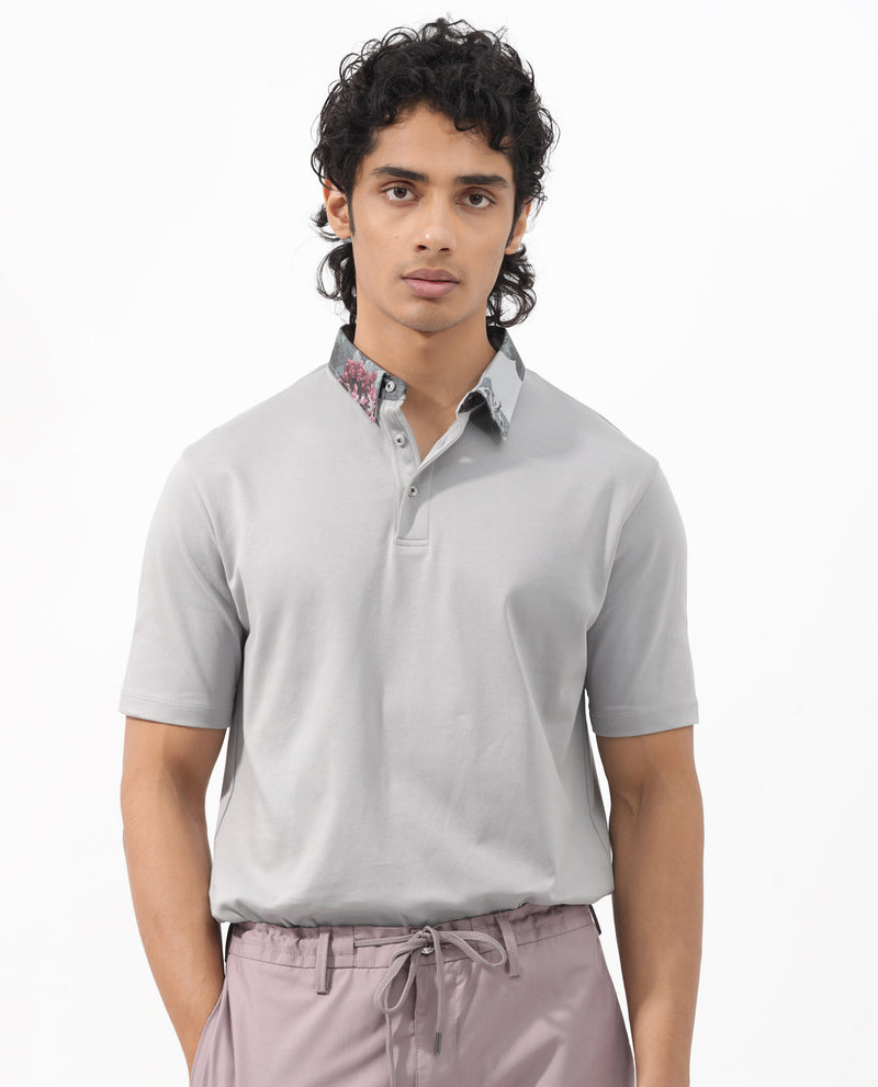 Rare Rabbit Men's Ringer-2 Grey Cotton Fabric Printed Collar Half Sleeves Polo T-Shirt