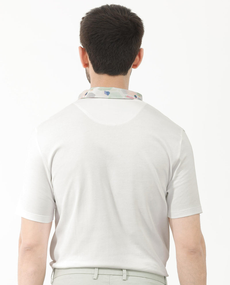 Rare Rabbit Men's Ringer-2 White Cotton Fabric Printed Collar Half Sleeves Polo T-Shirt