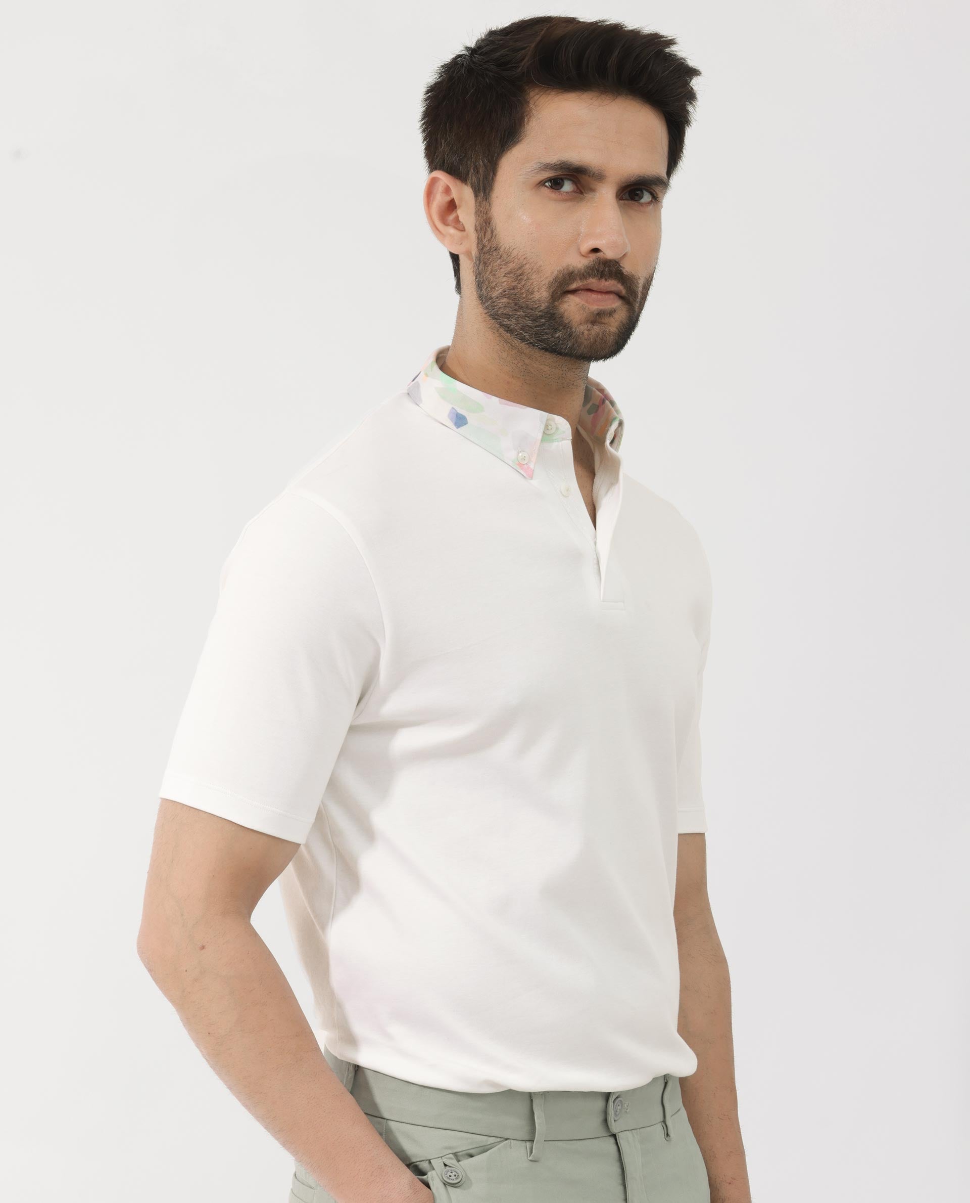 Rare Rabbit Men's Ringer-2 White Cotton Fabric Printed Collar Half Sleeves Polo T-Shirt