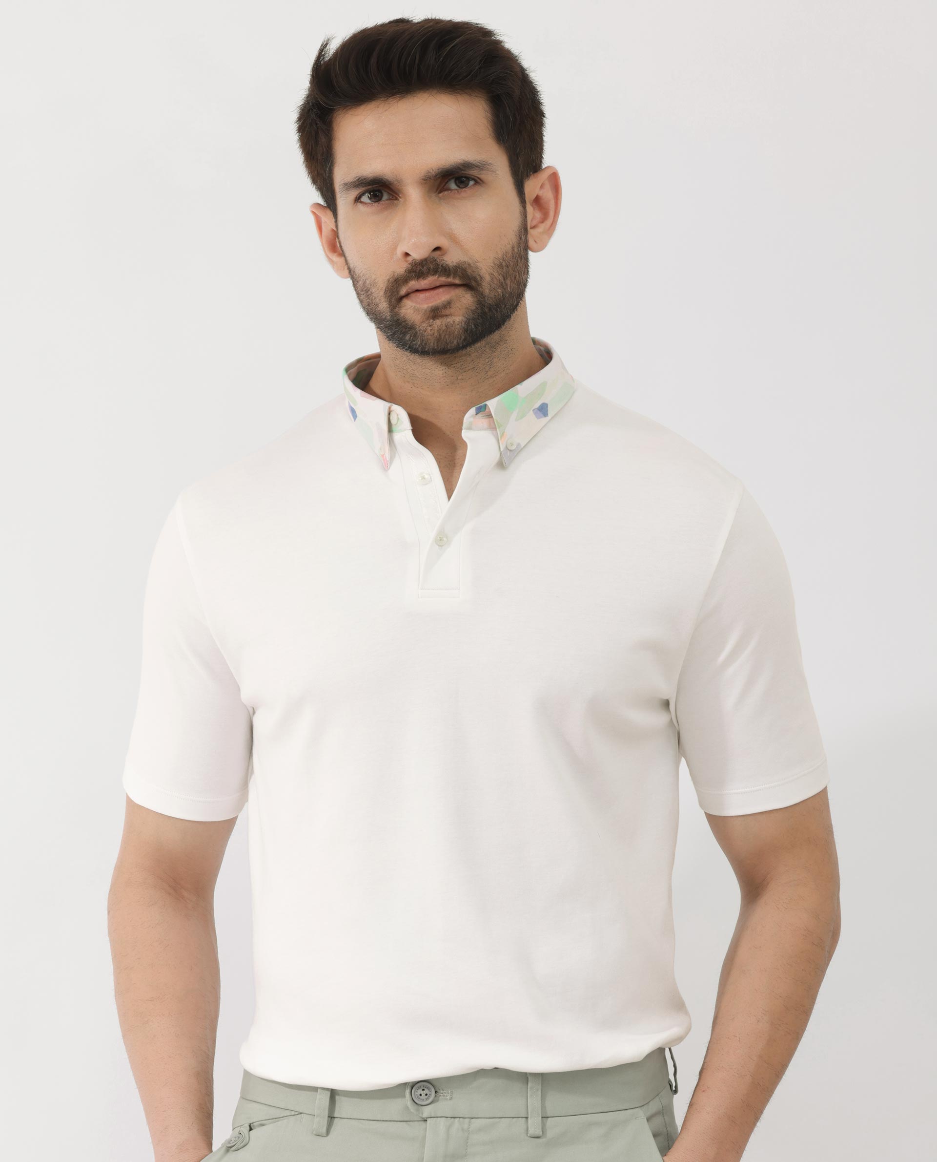Rare Rabbit Men's Ringer-2 White Cotton Fabric Printed Collar Half Sleeves Polo T-Shirt