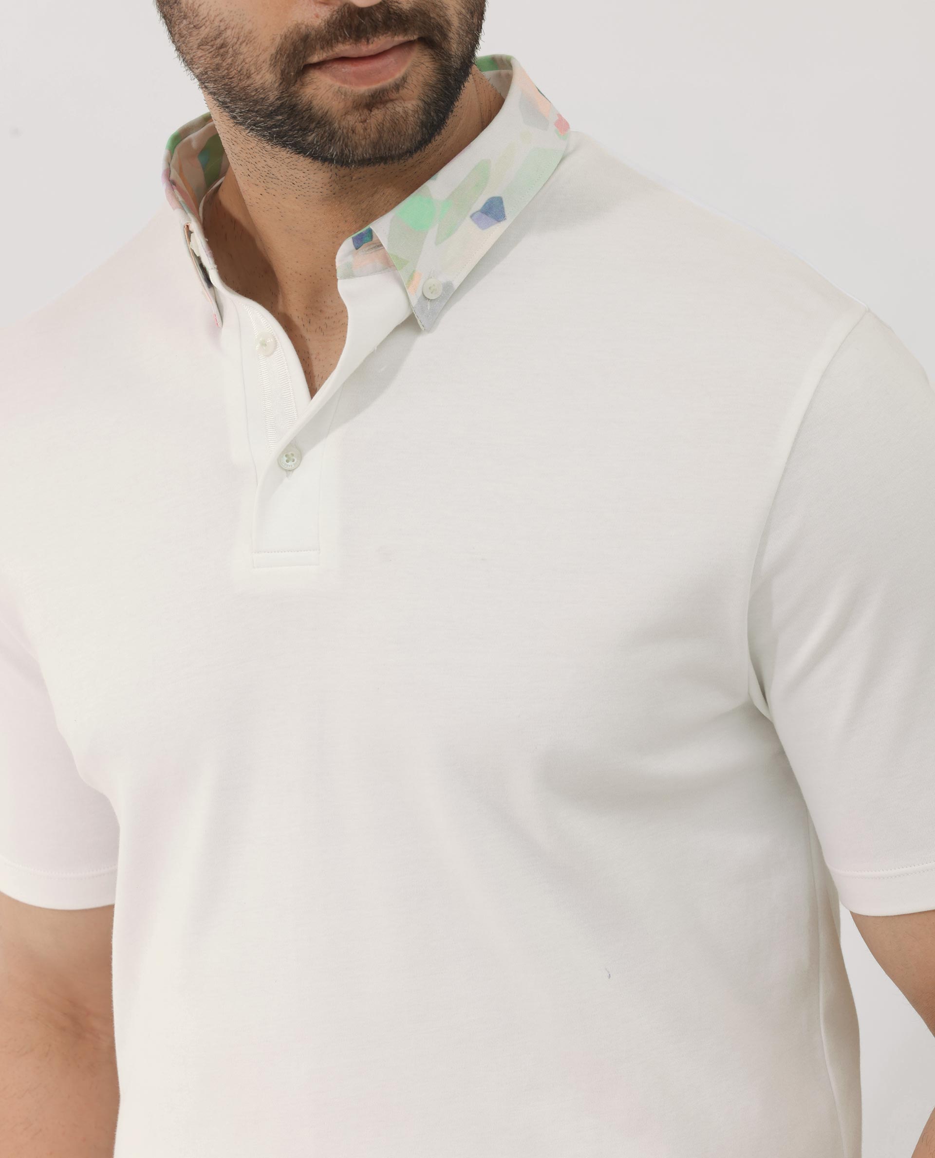 Rare Rabbit Men's Ringer-2 White Cotton Fabric Printed Collar Half Sleeves Polo T-Shirt