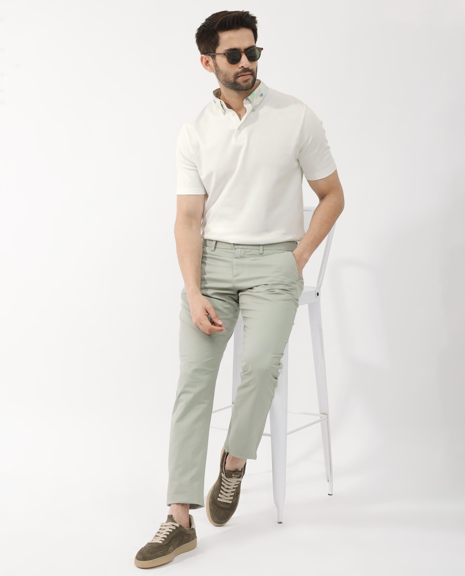 Rare Rabbit Men's Ringer-2 White Cotton Fabric Printed Collar Half Sleeves Polo T-Shirt