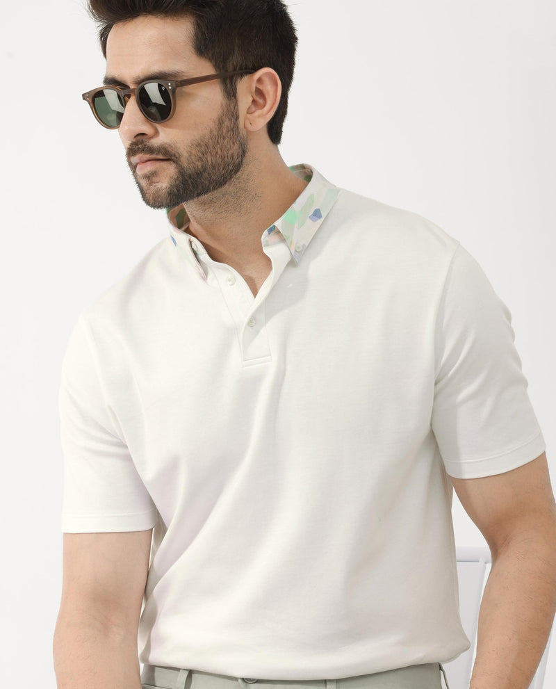 Rare Rabbit Men's Ringer-2 White Cotton Fabric Printed Collar Half Sleeves Polo T-Shirt