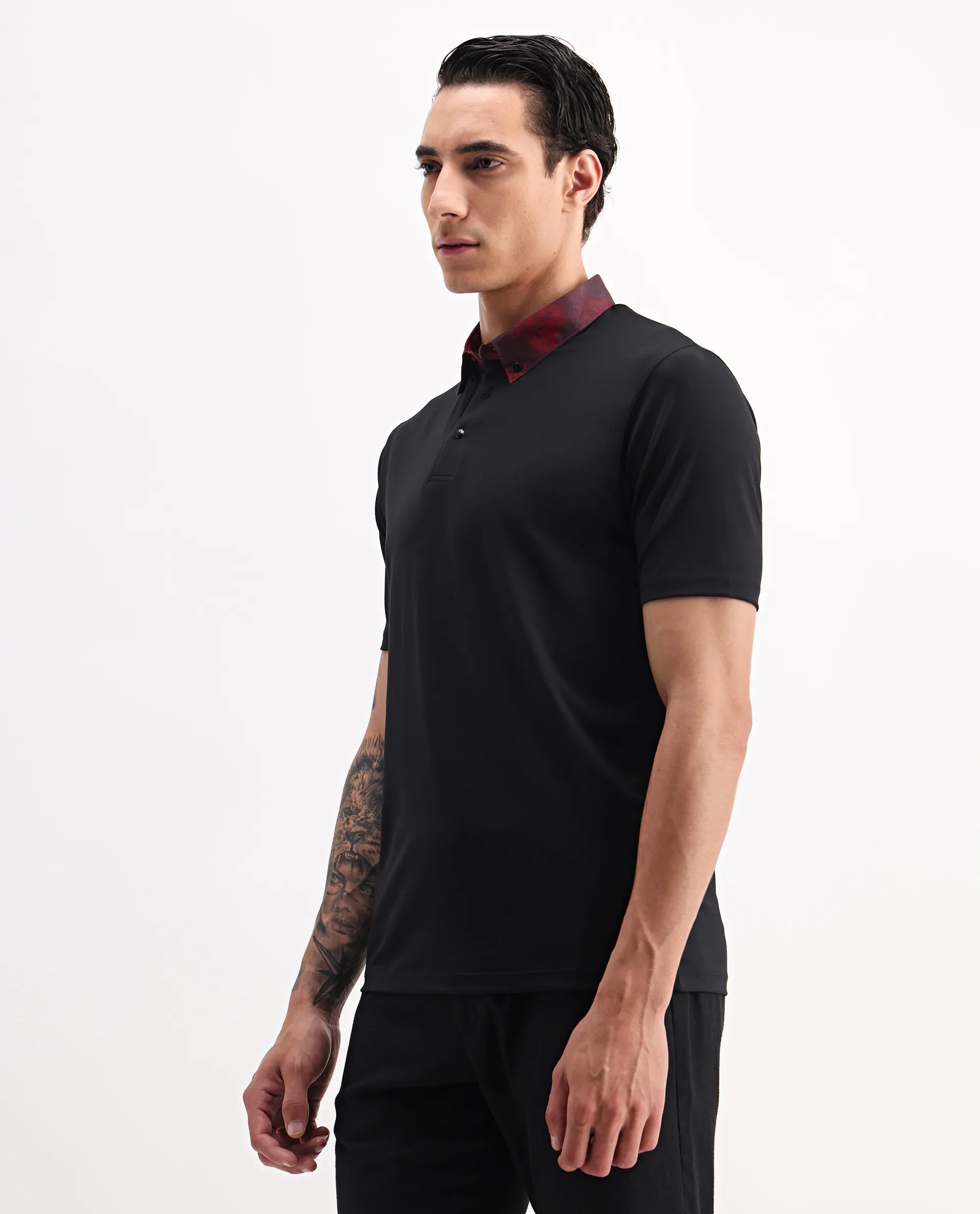 Rare Rabbit Men's Ringer-2 Black Cotton Plain Regular Fit Half Sleeve Polo