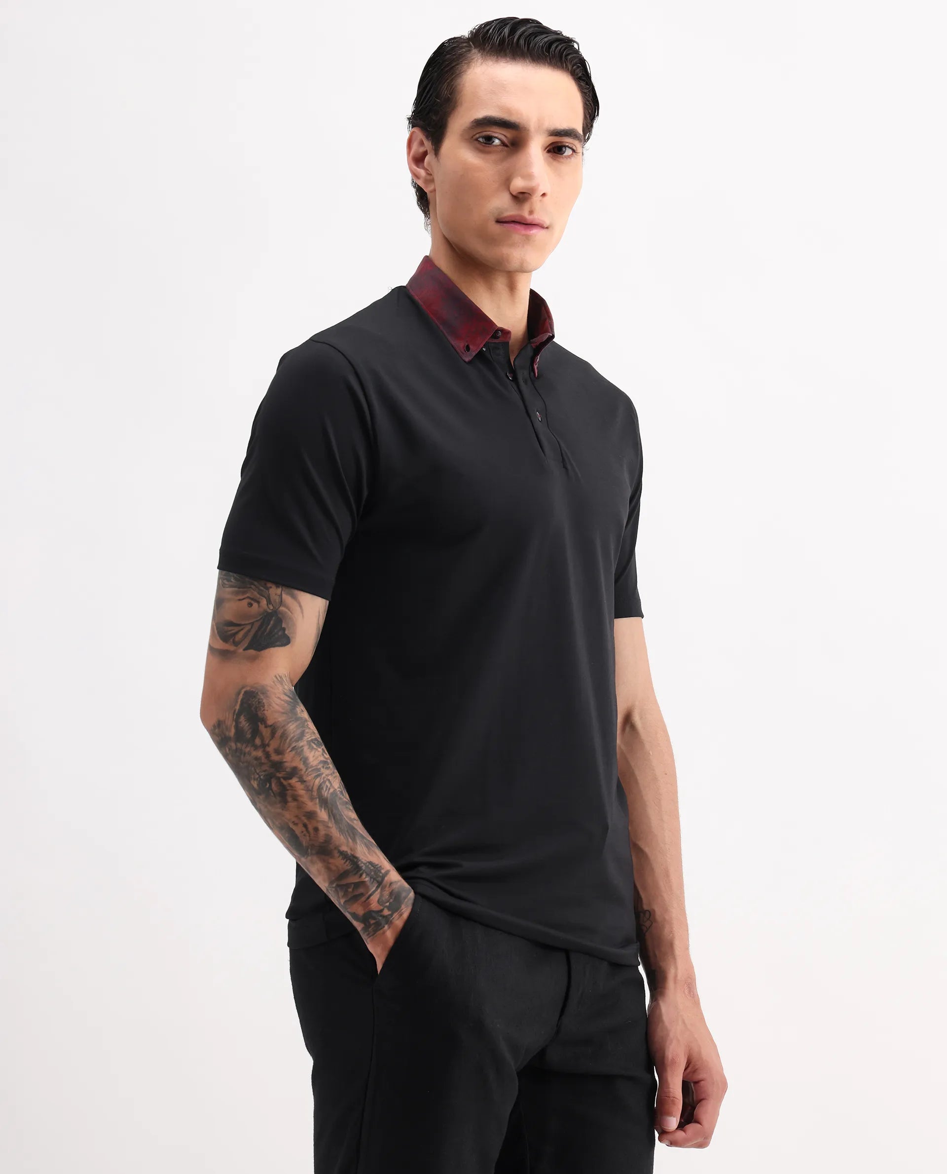 Rare Rabbit Men's Ringer-2 Black Cotton Plain Regular Fit Half Sleeve Polo