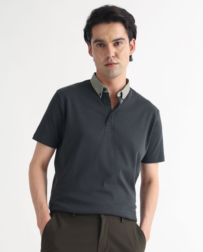 Rare Rabbit Men's Ringer-1 Olive Cotton Fabric Printed Collar Neck Half Sleeves Polo T-Shirt