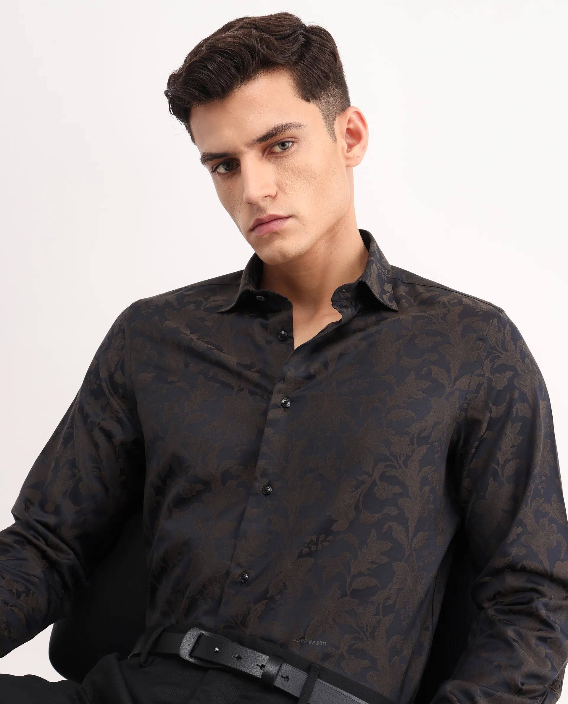 Rare Rabbit Men's Ringer-S Black Cotton Jacquard Regular Fit Full Sleeve Collared Shirt