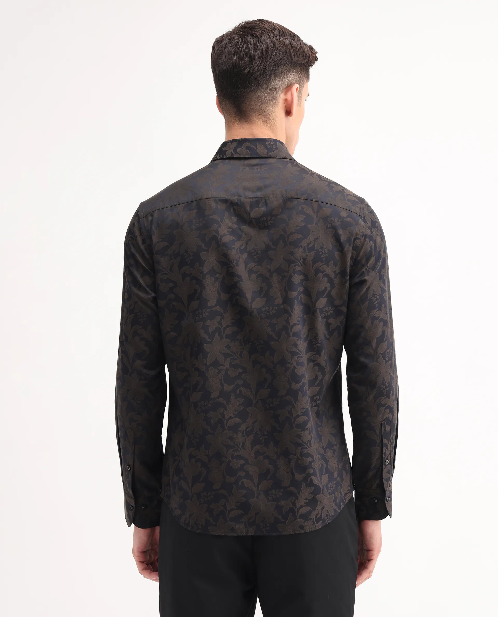 Rare Rabbit Men's Ringer-S Black Cotton Jacquard Regular Fit Full Sleeve Collared Shirt