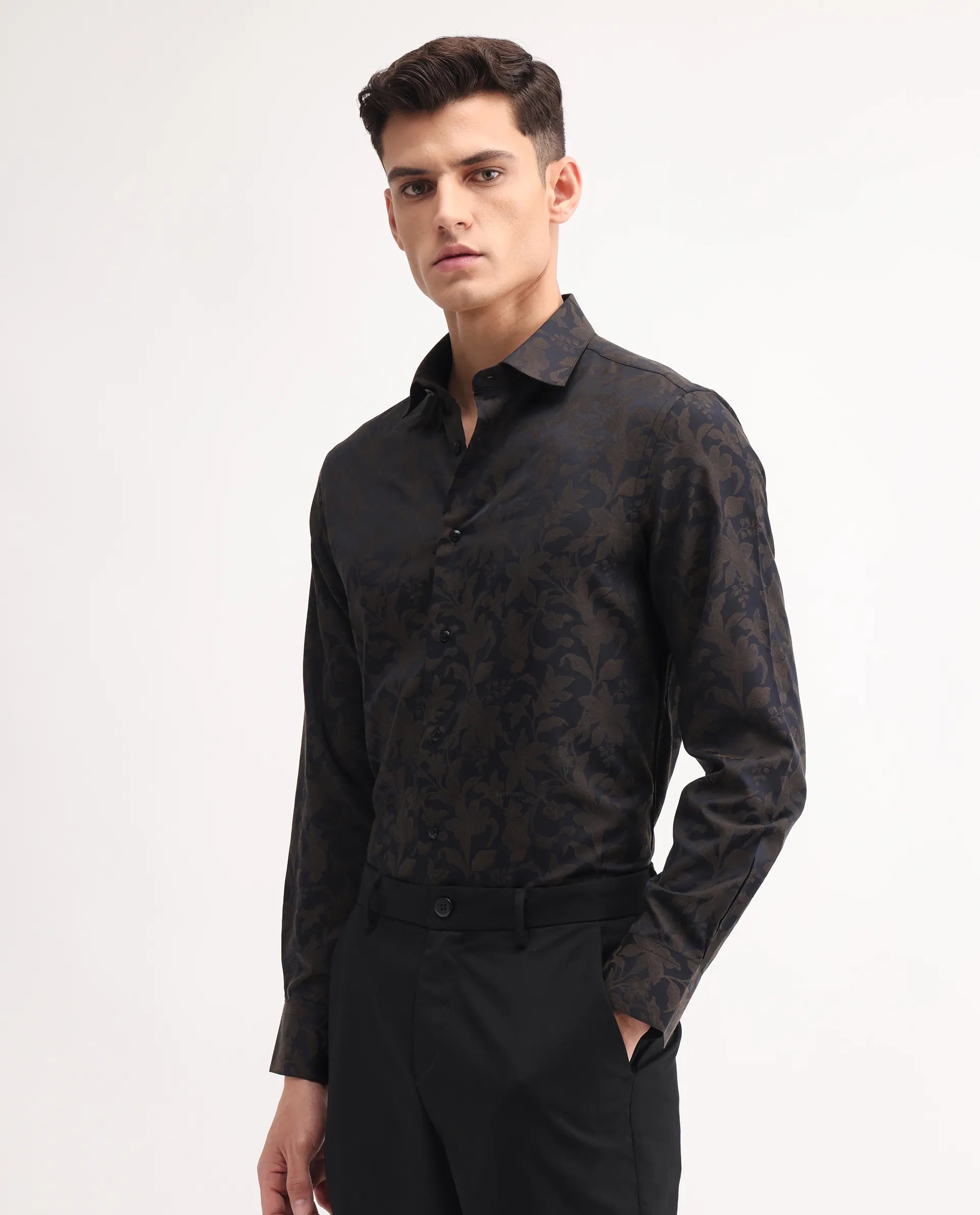 Rare Rabbit Men's Ringer-S Black Cotton Jacquard Regular Fit Full Sleeve Collared Shirt