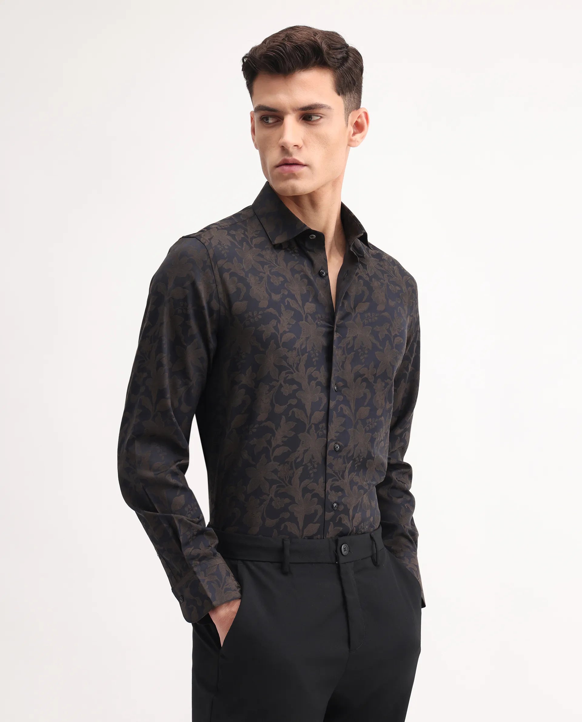 Rare Rabbit Men's Ringer-S Black Cotton Jacquard Regular Fit Full Sleeve Collared Shirt