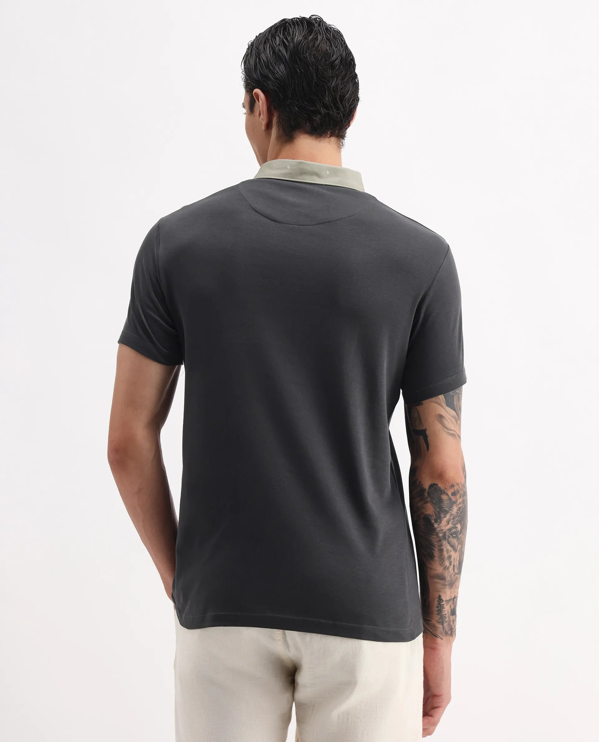 Rare Rabbit Men's Ringer-1 Olive Cotton Printed Regular Fit Half Sleeve Polo