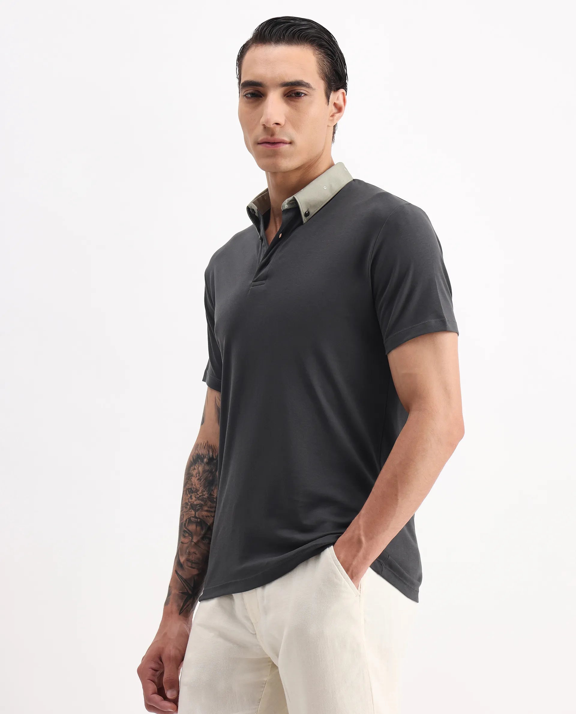 Rare Rabbit Men's Ringer-1 Olive Cotton Printed Regular Fit Half Sleeve Polo