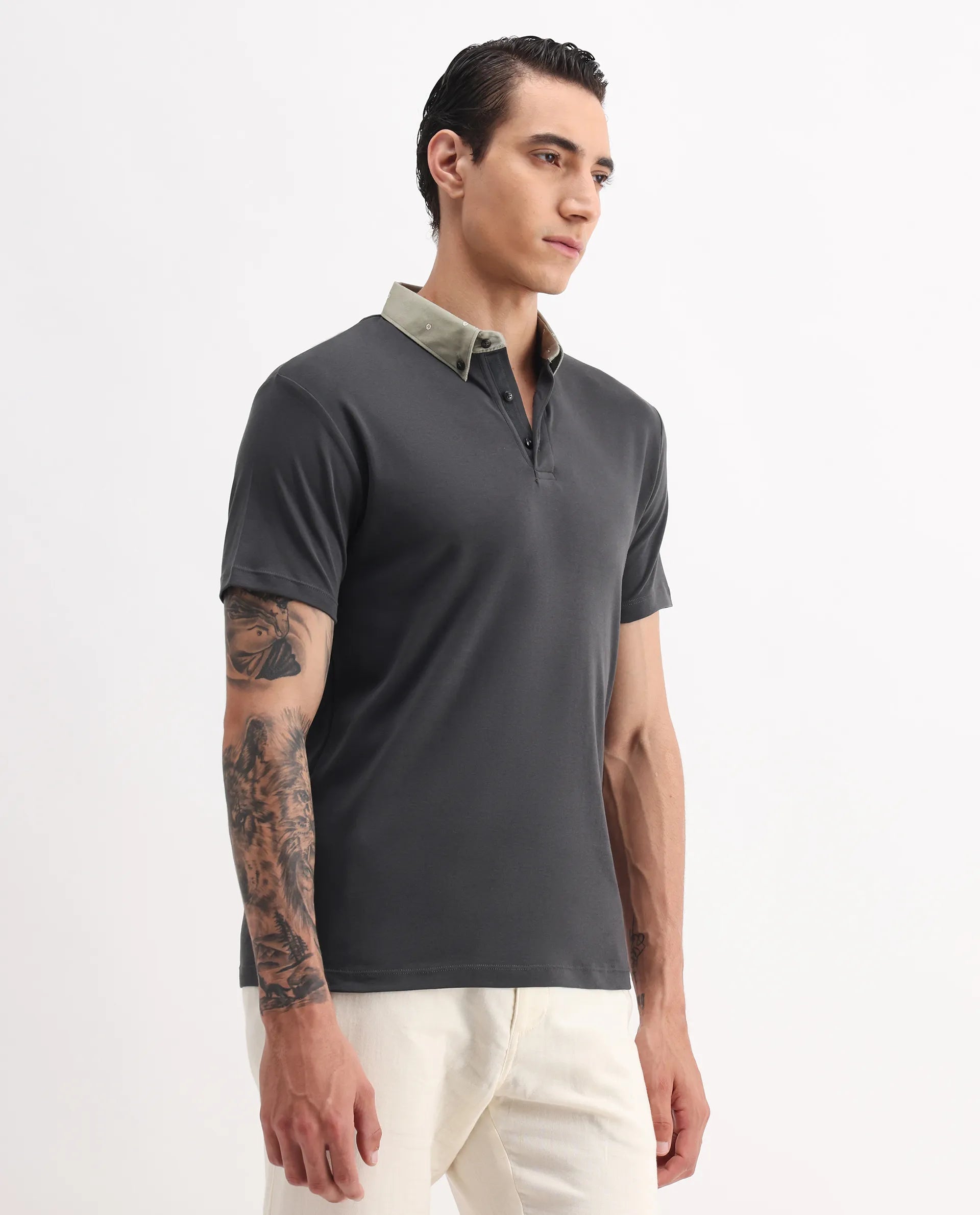 Rare Rabbit Men's Ringer-1 Olive Cotton Printed Regular Fit Half Sleeve Polo