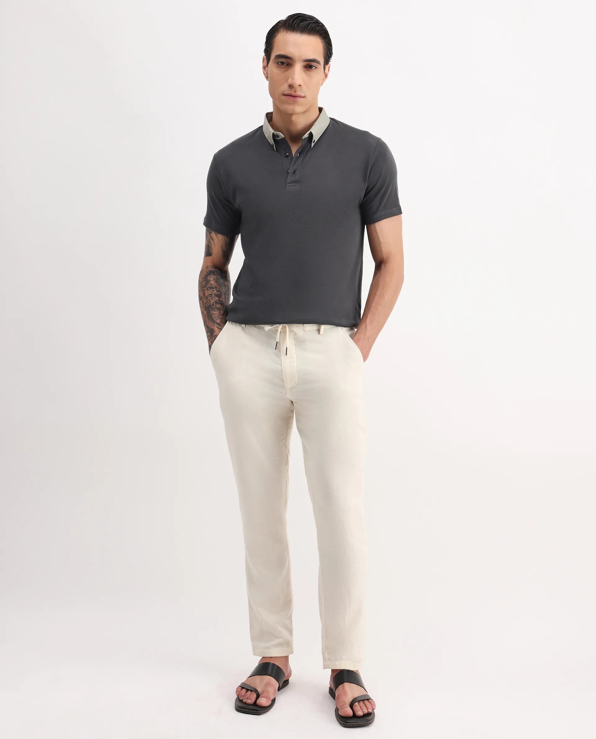 Rare Rabbit Men's Ringer-1 Olive Cotton Printed Regular Fit Half Sleeve Polo