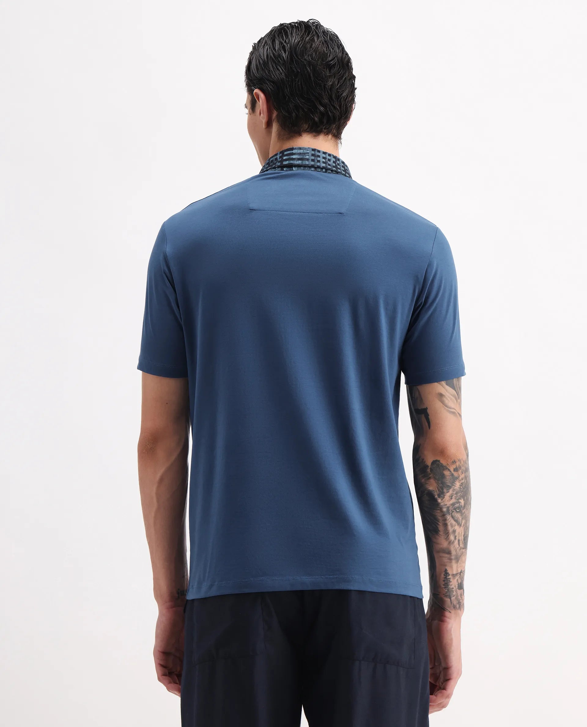 Rare Rabbit Men's Ringer-25 Blue Cotton Blend Plain Regular Fit Half Sleeve Polo