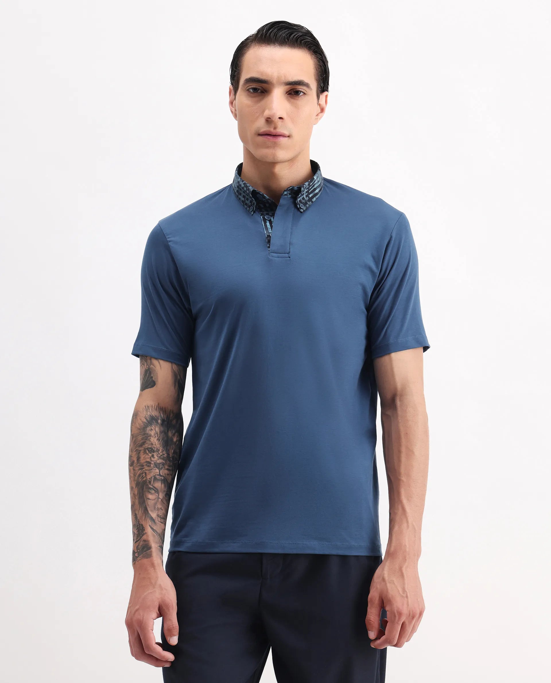Rare Rabbit Men's Ringer-25 Blue Cotton Blend Plain Regular Fit Half Sleeve Polo