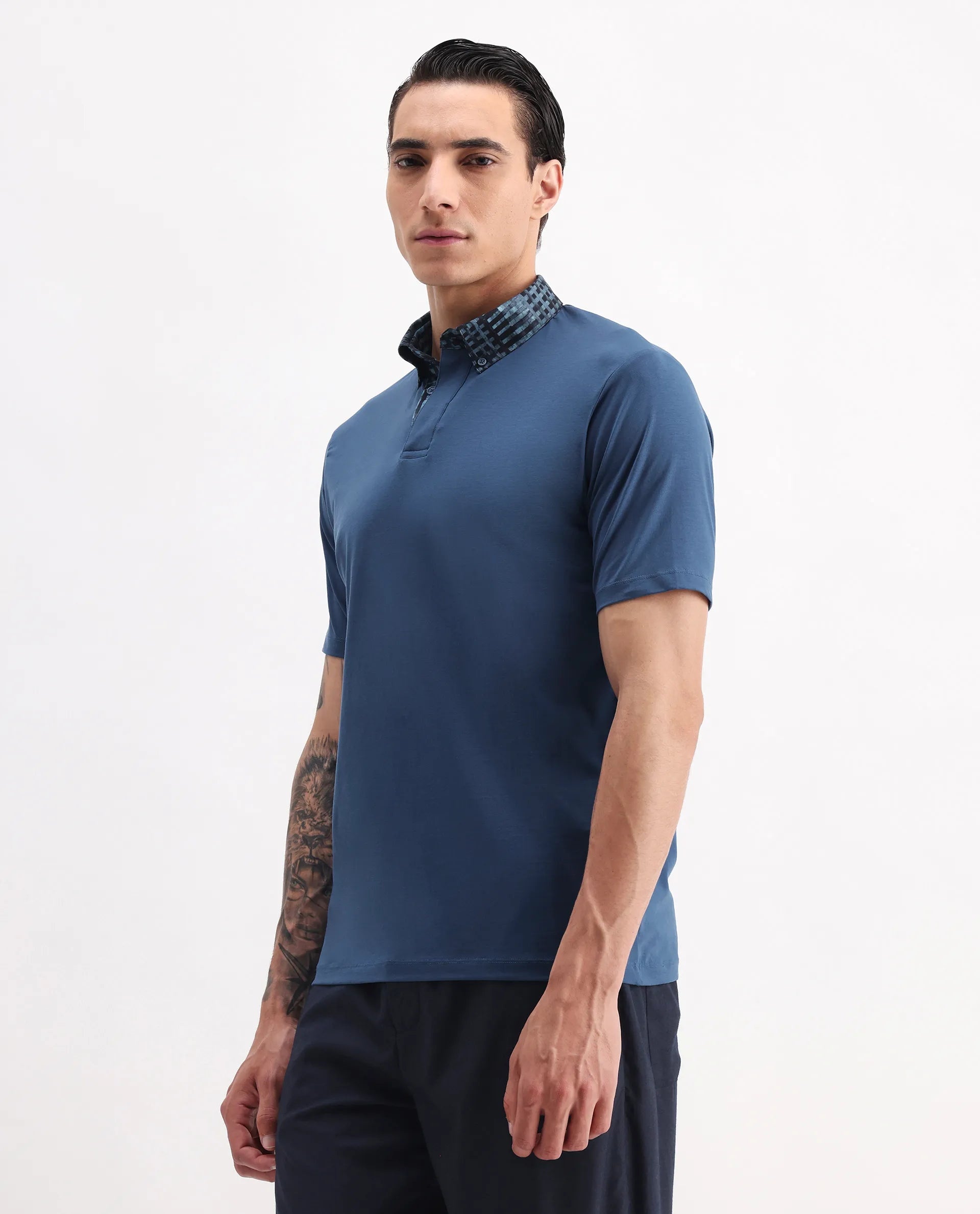 Rare Rabbit Men's Ringer-25 Blue Cotton Blend Plain Regular Fit Half Sleeve Polo