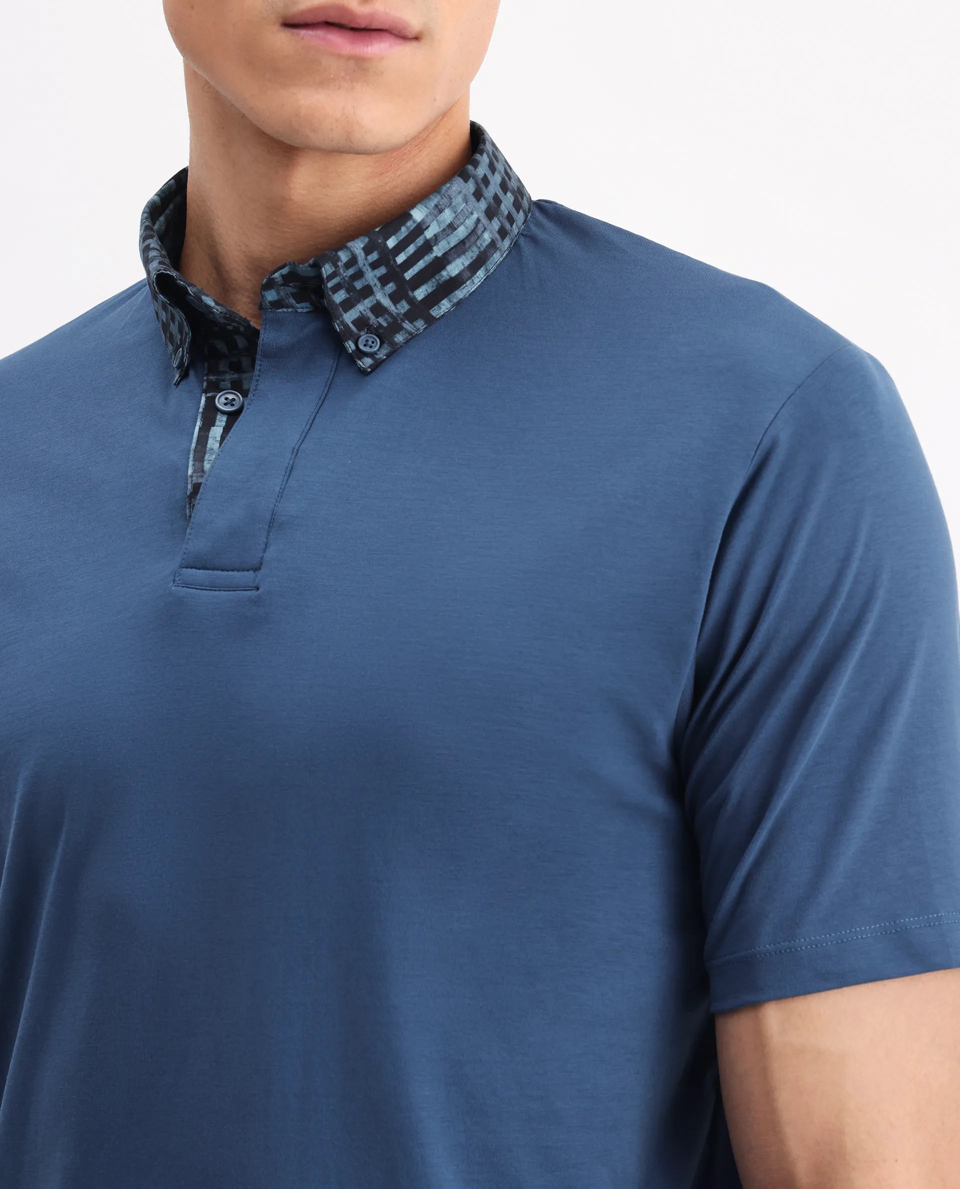 Rare Rabbit Men's Ringer-25 Blue Cotton Blend Plain Regular Fit Half Sleeve Polo