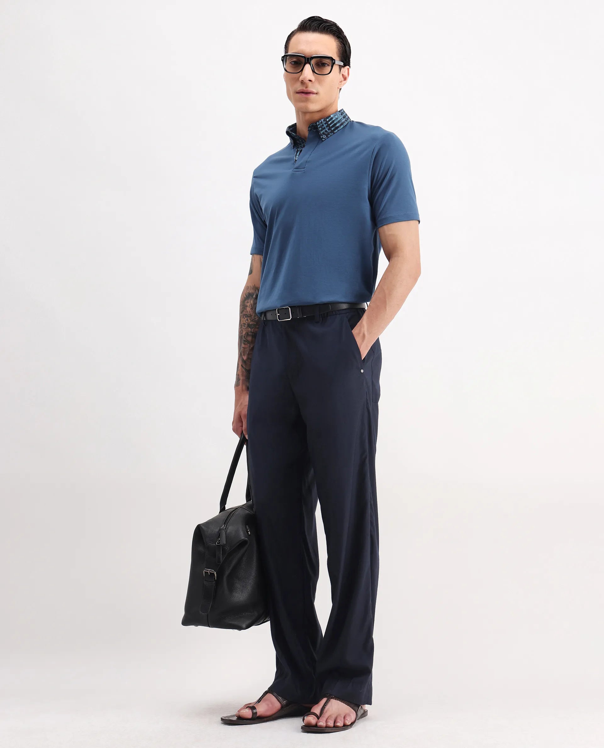 Rare Rabbit Men's Ringer-25 Blue Cotton Blend Plain Regular Fit Half Sleeve Polo