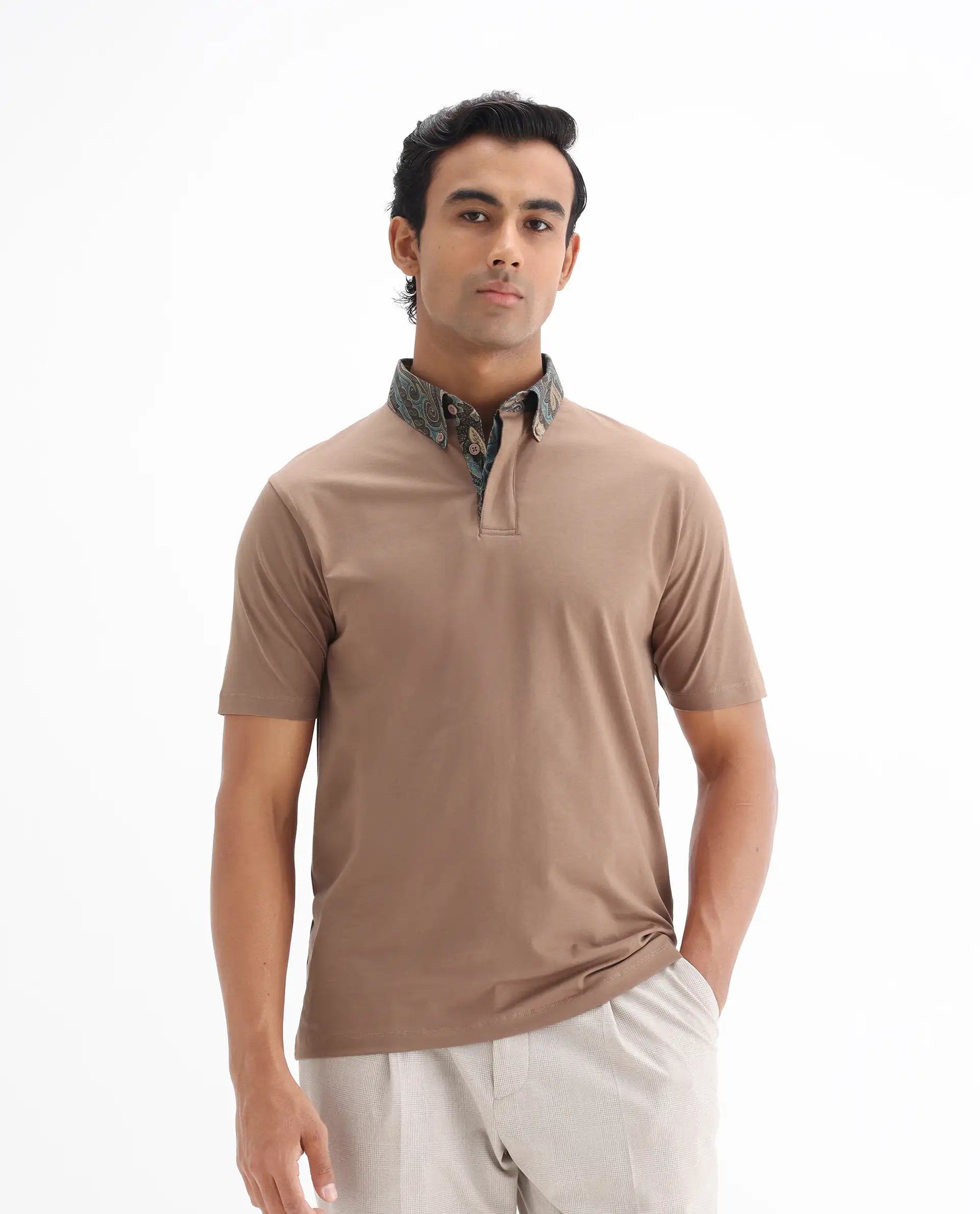 Rare Rabbit Men's Ringer-25 Dusky Beige Cotton Blend Plain Regular Fit Half Sleeve Polo