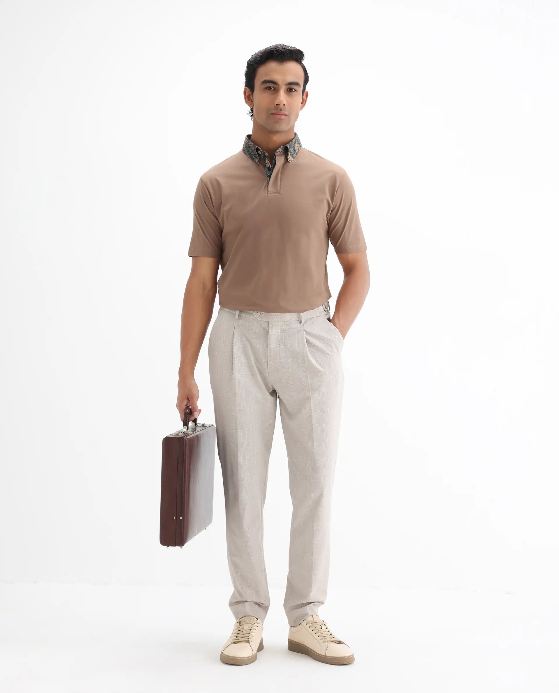 Rare Rabbit Men's Ringer-25 Dusky Beige Cotton Blend Plain Regular Fit Half Sleeve Polo