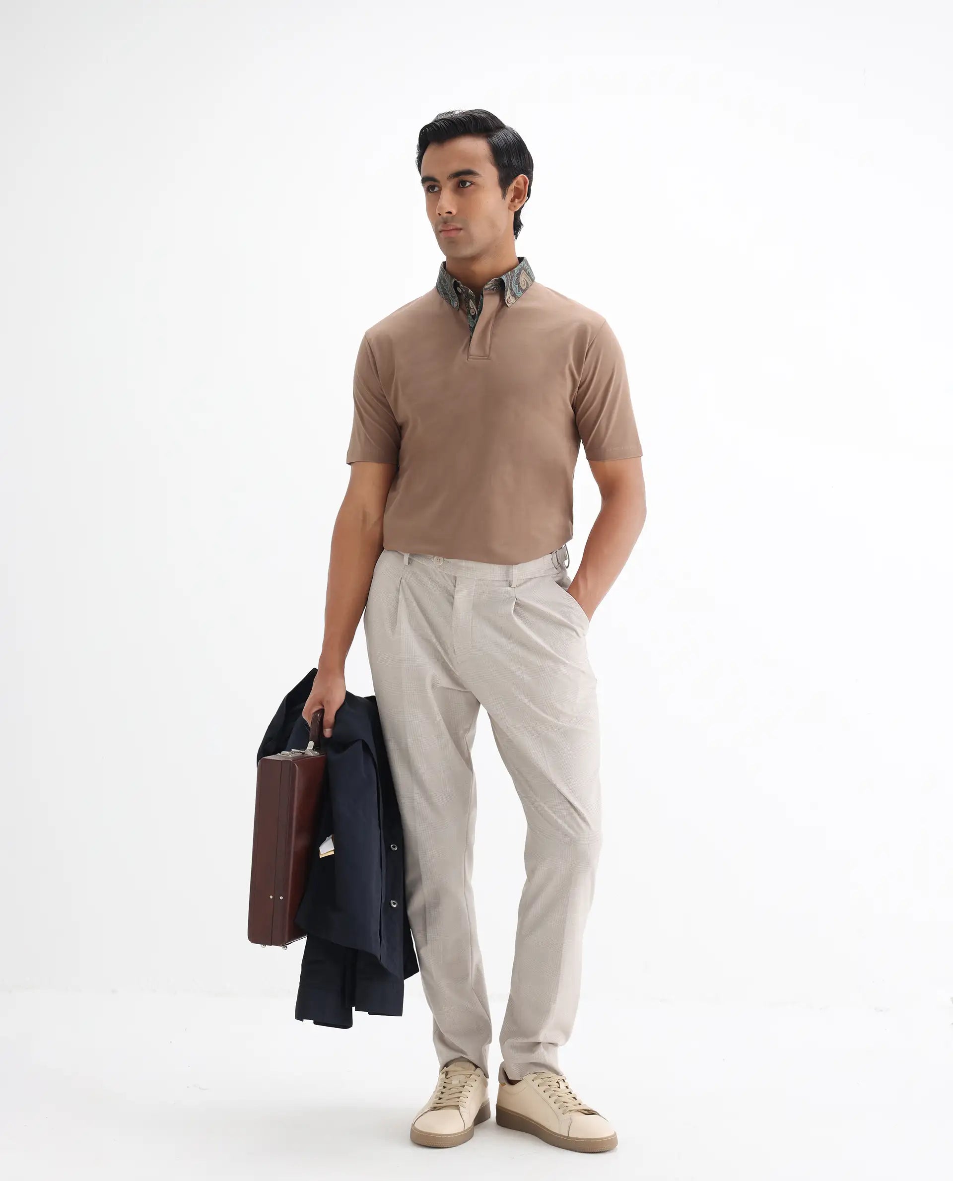 Rare Rabbit Men's Ringer-25 Dusky Beige Cotton Blend Plain Regular Fit Half Sleeve Polo