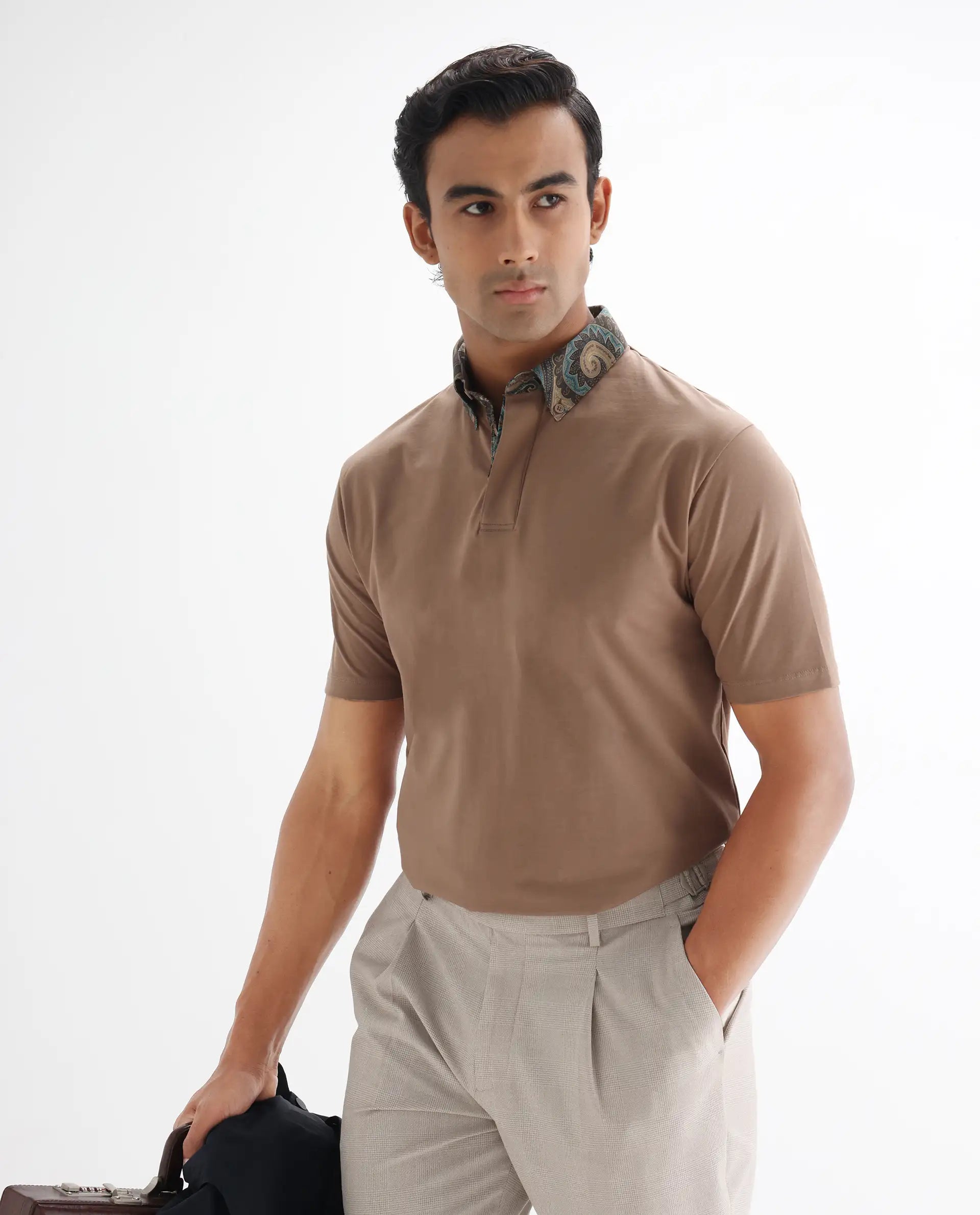 Rare Rabbit Men's Ringer-25 Dusky Beige Cotton Blend Plain Regular Fit Half Sleeve Polo