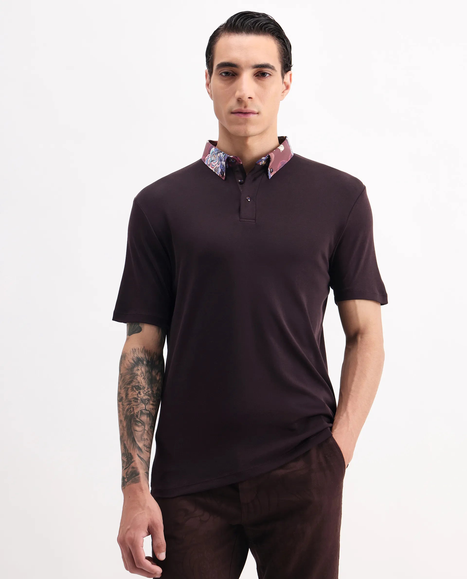 Rare Rabbit Men's Ringer 2 Dark Purple Cotton Printed Regular Fit Half Sleeve Polo