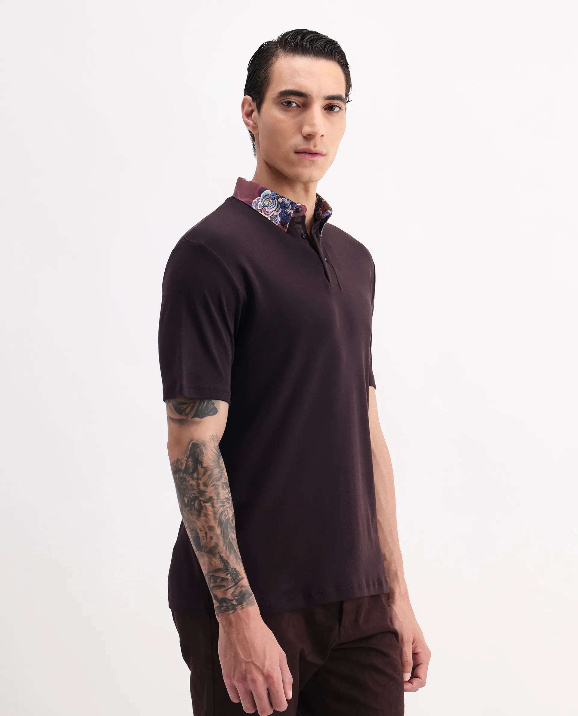 Rare Rabbit Men's Ringer 2 Dark Purple Cotton Printed Regular Fit Half Sleeve Polo