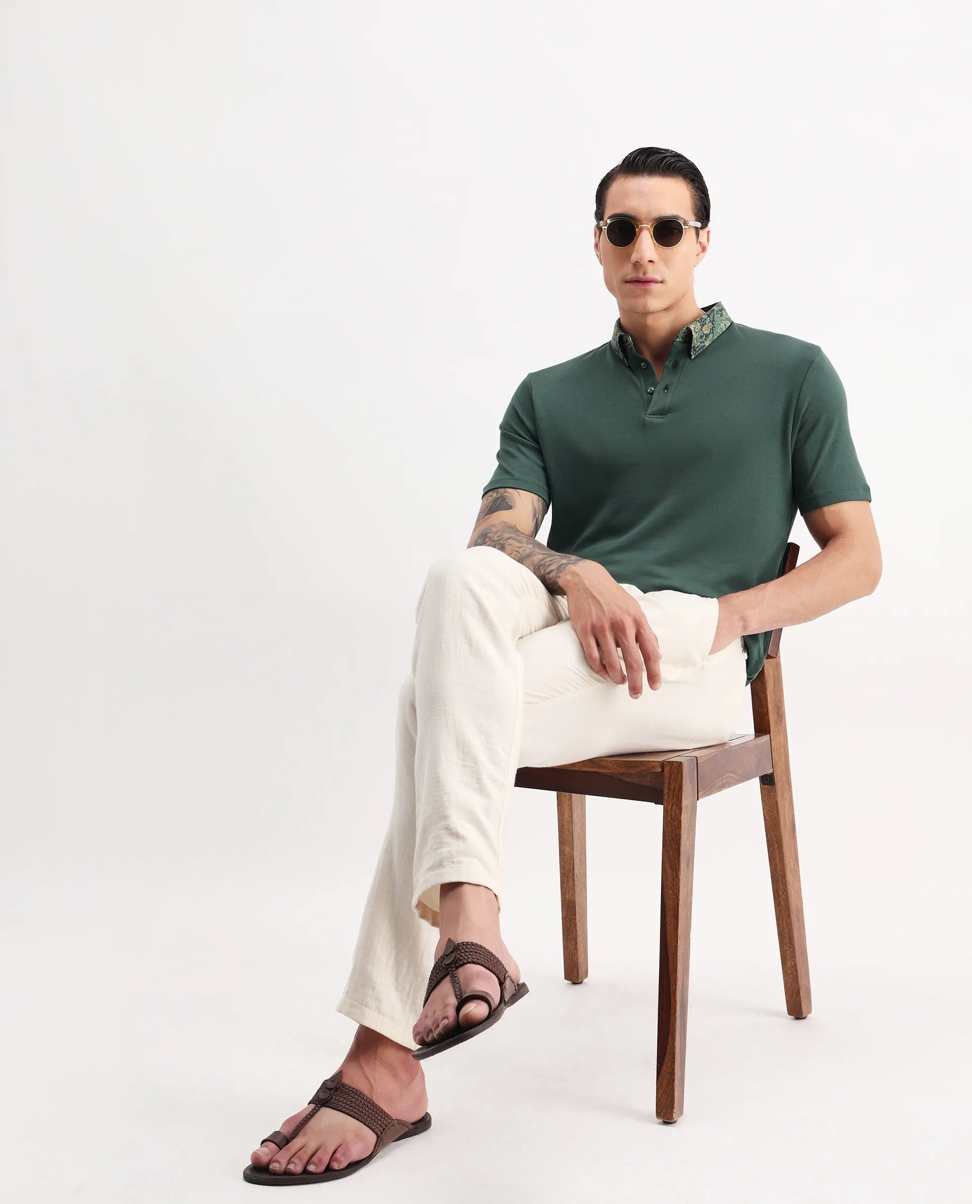 Rare Rabbit Men's Ringer2 Green Cotton Printed Regular Fit Half Sleeve Polo