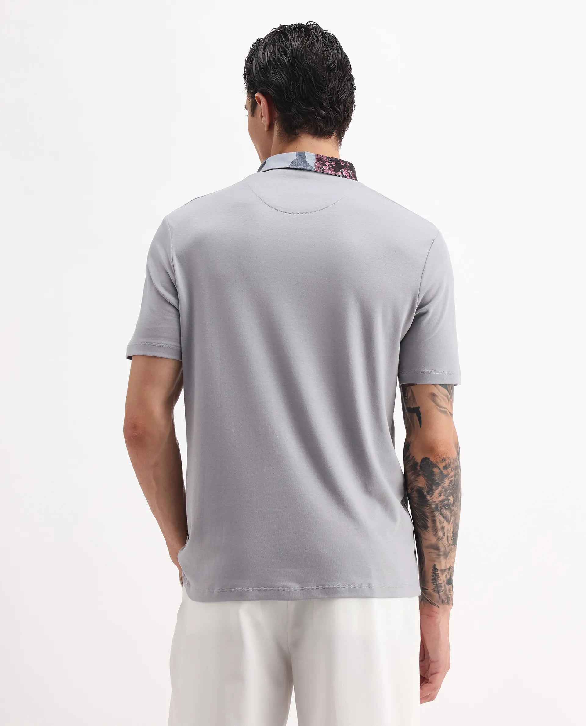 Rare Rabbit Men's Ringer2 Grey Cotton Printed Regular Fit Half Sleeve Polo