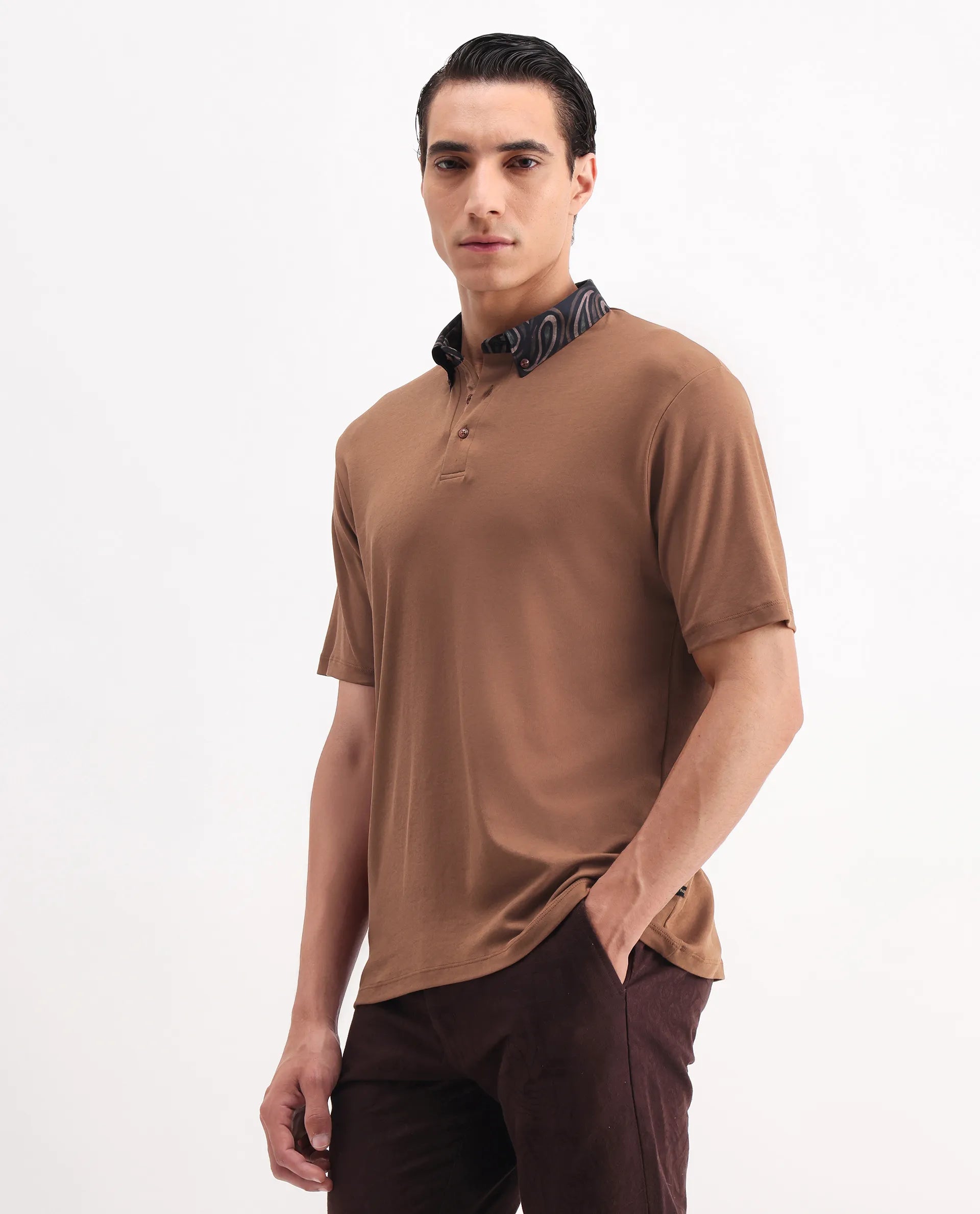 Rare Rabbit Men's Rings Dusky Brown Cotton Plain Regular Fit Half Sleeve Polo
