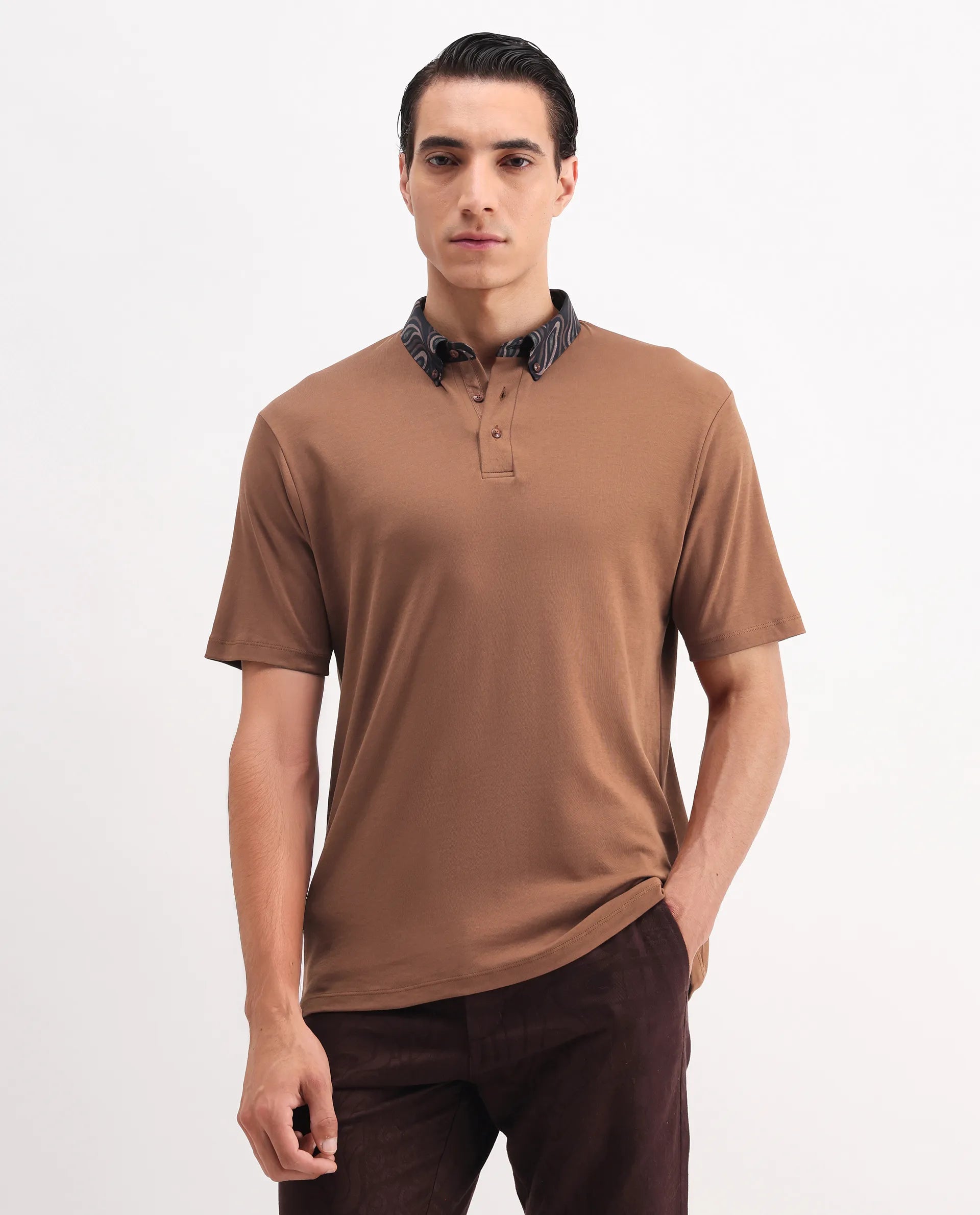 Rare Rabbit Men's Rings Dusky Brown Cotton Plain Regular Fit Half Sleeve Polo