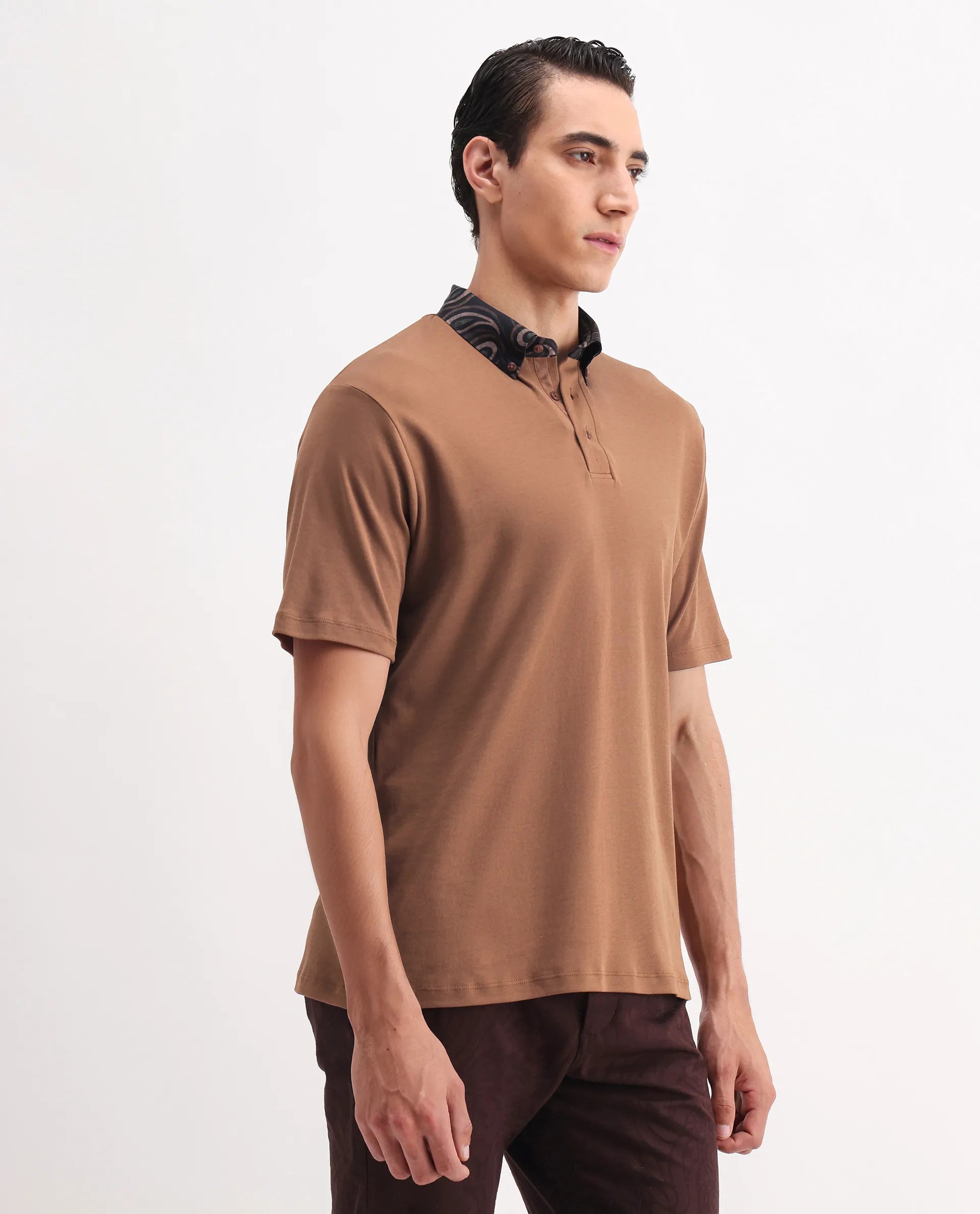 Rare Rabbit Men's Rings Dusky Brown Cotton Plain Regular Fit Half Sleeve Polo