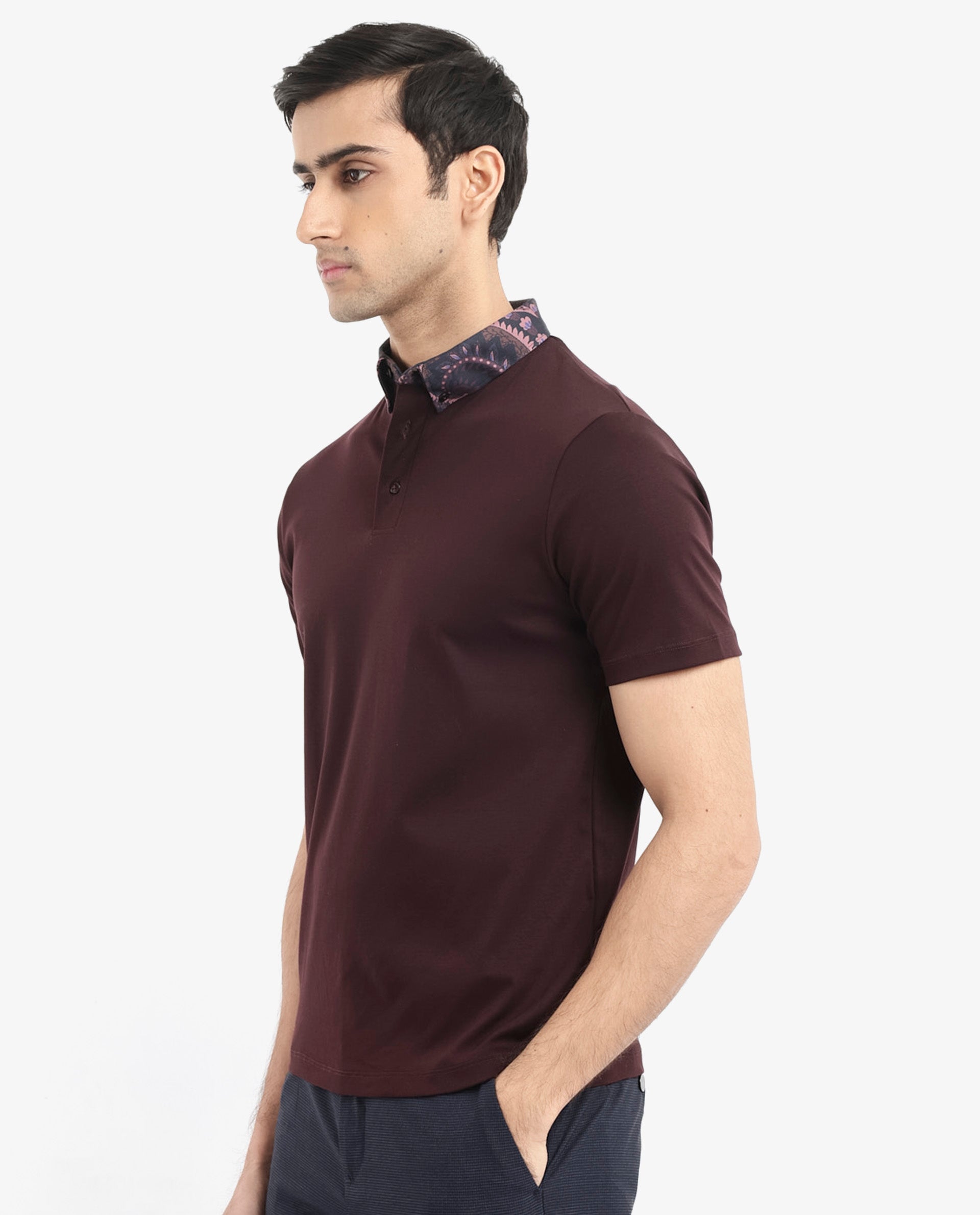 Rare Rabbit Men's Rings Maroon Cotton Fabric Short Sleeves Collared Neck Solid Polo T-shirt