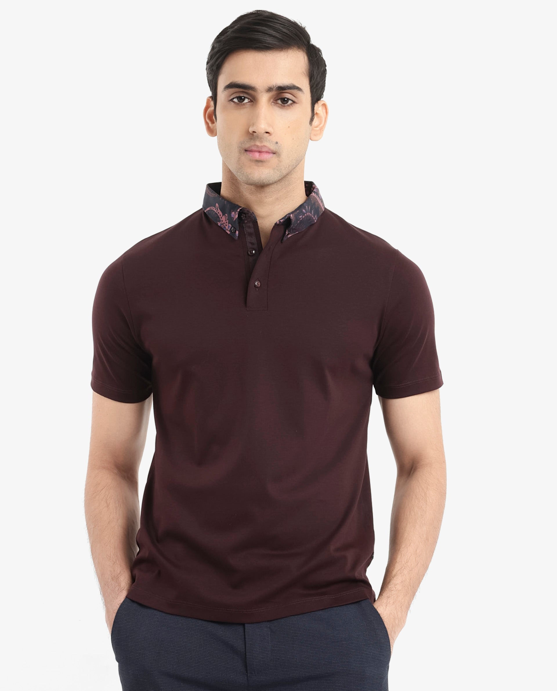 Rare Rabbit Men's Rings Maroon Cotton Fabric Short Sleeves Collared Neck Solid Polo T-shirt