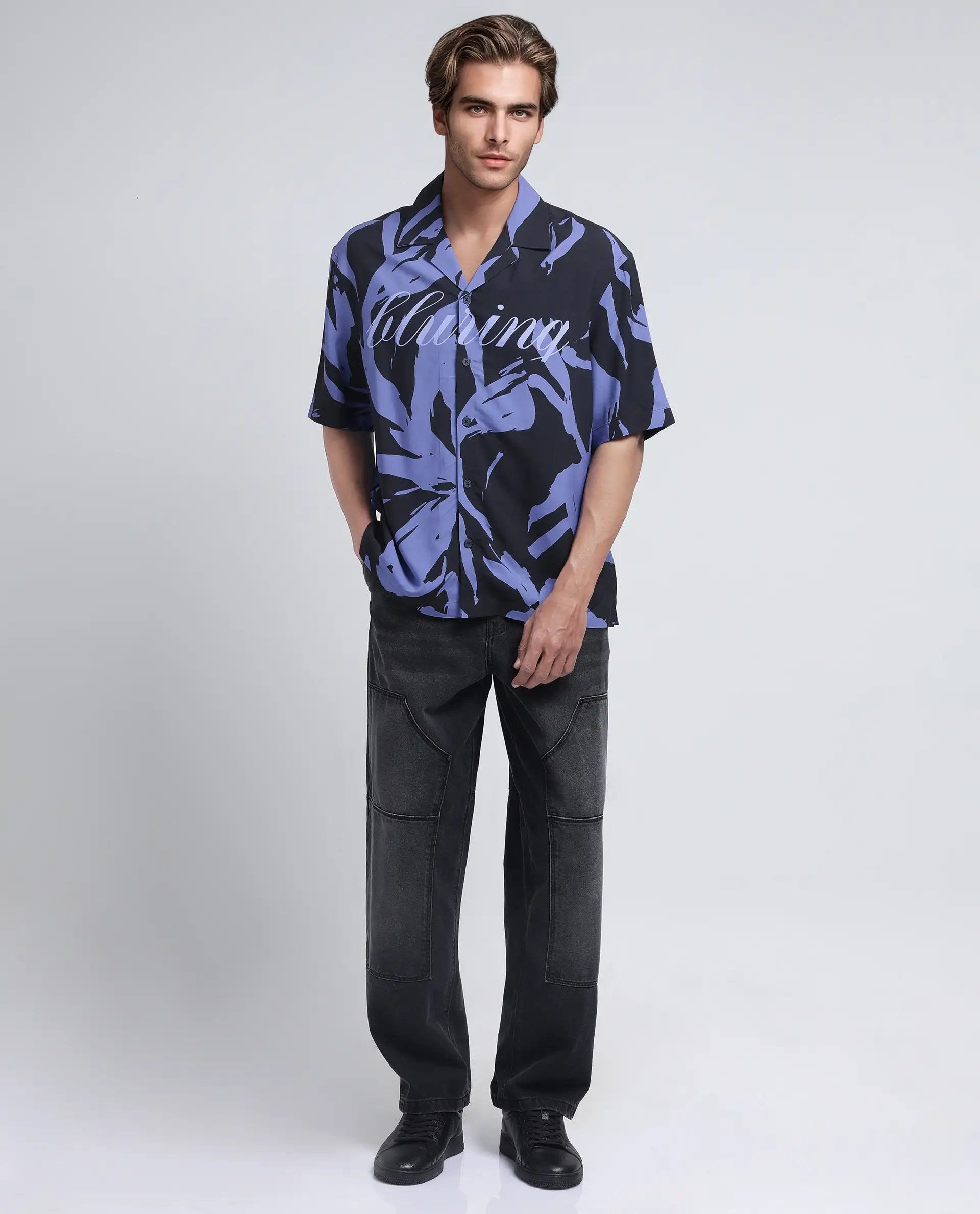 Rare Rabbit Men Rinz Black Viscose Fabric Half Sleeve Cuban Collar Button Closure Oversized Fit Placement Print Shirt