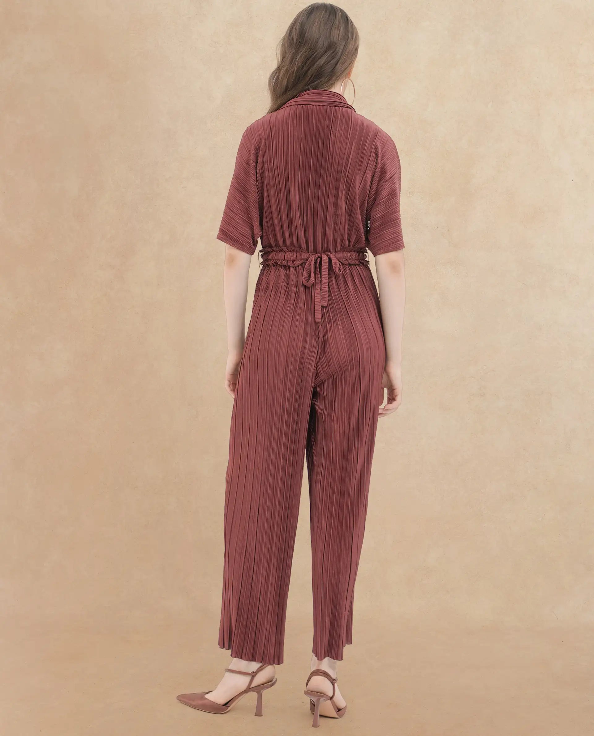 Rareism Women's Rio Brown Lapel Neck Plain Extended Sleeves Maxi Fit And Flare Jumpsuit