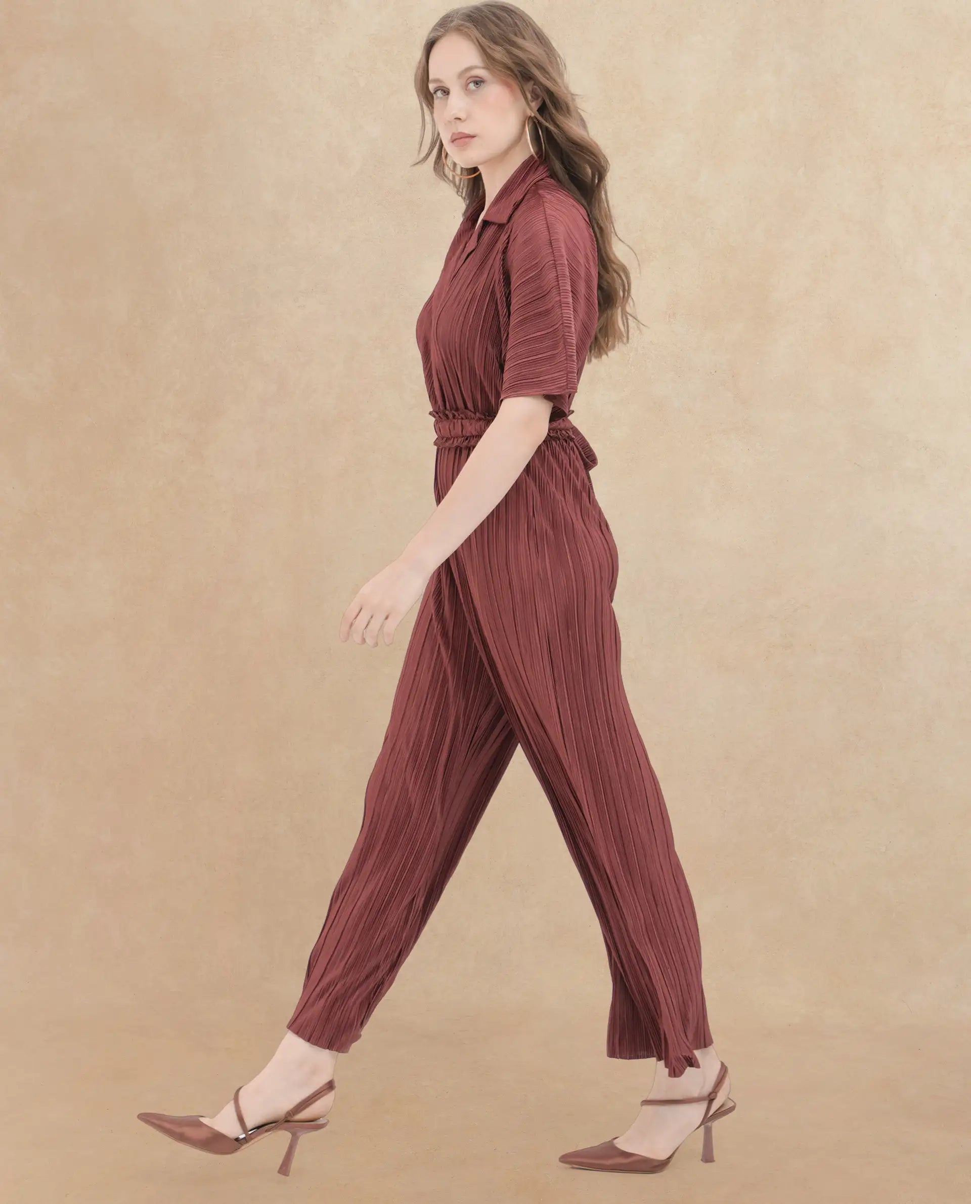 Rareism Women's Rio Brown Lapel Neck Plain Extended Sleeves Maxi Fit And Flare Jumpsuit