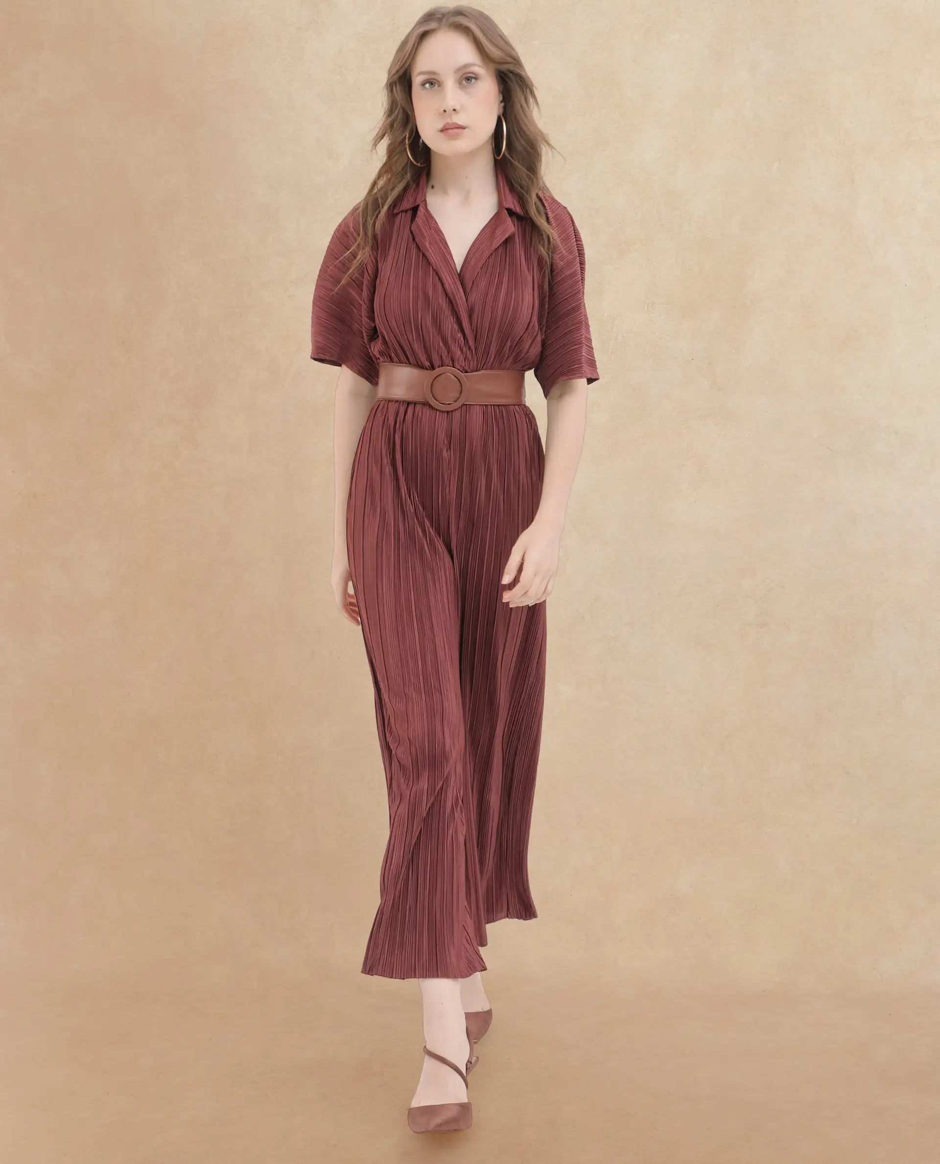 Rareism Women's Rio Brown Lapel Neck Plain Extended Sleeves Maxi Fit And Flare Jumpsuit