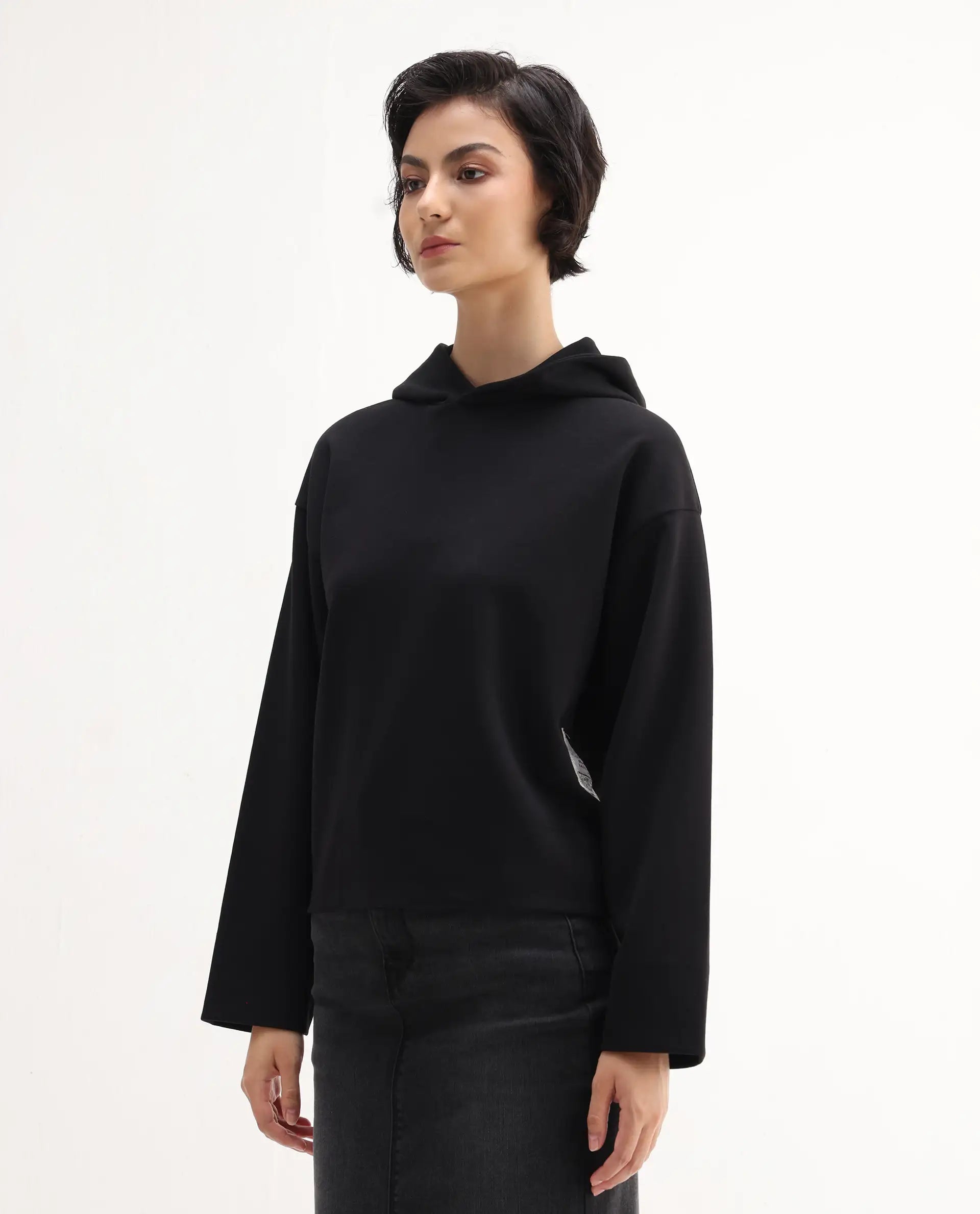 Rareism Women's Rio Black Cotton Blend Hooded Regular Fit Printed Sweatshirt