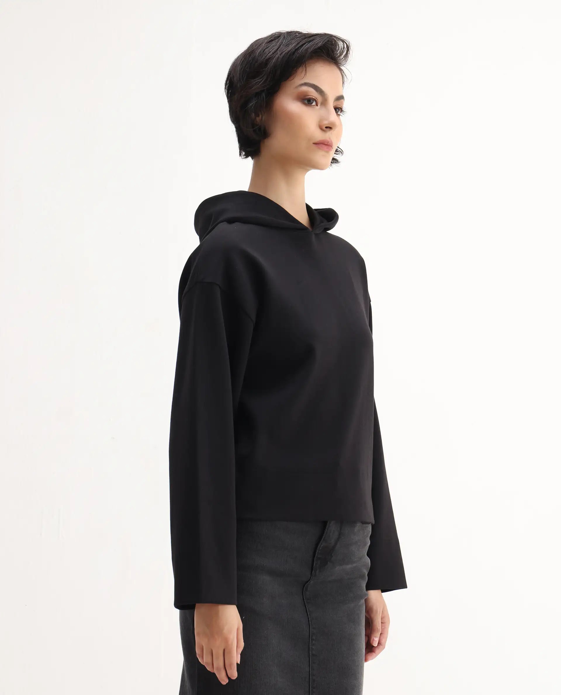 Rareism Women's Rio Black Cotton Blend Hooded Regular Fit Printed Sweatshirt