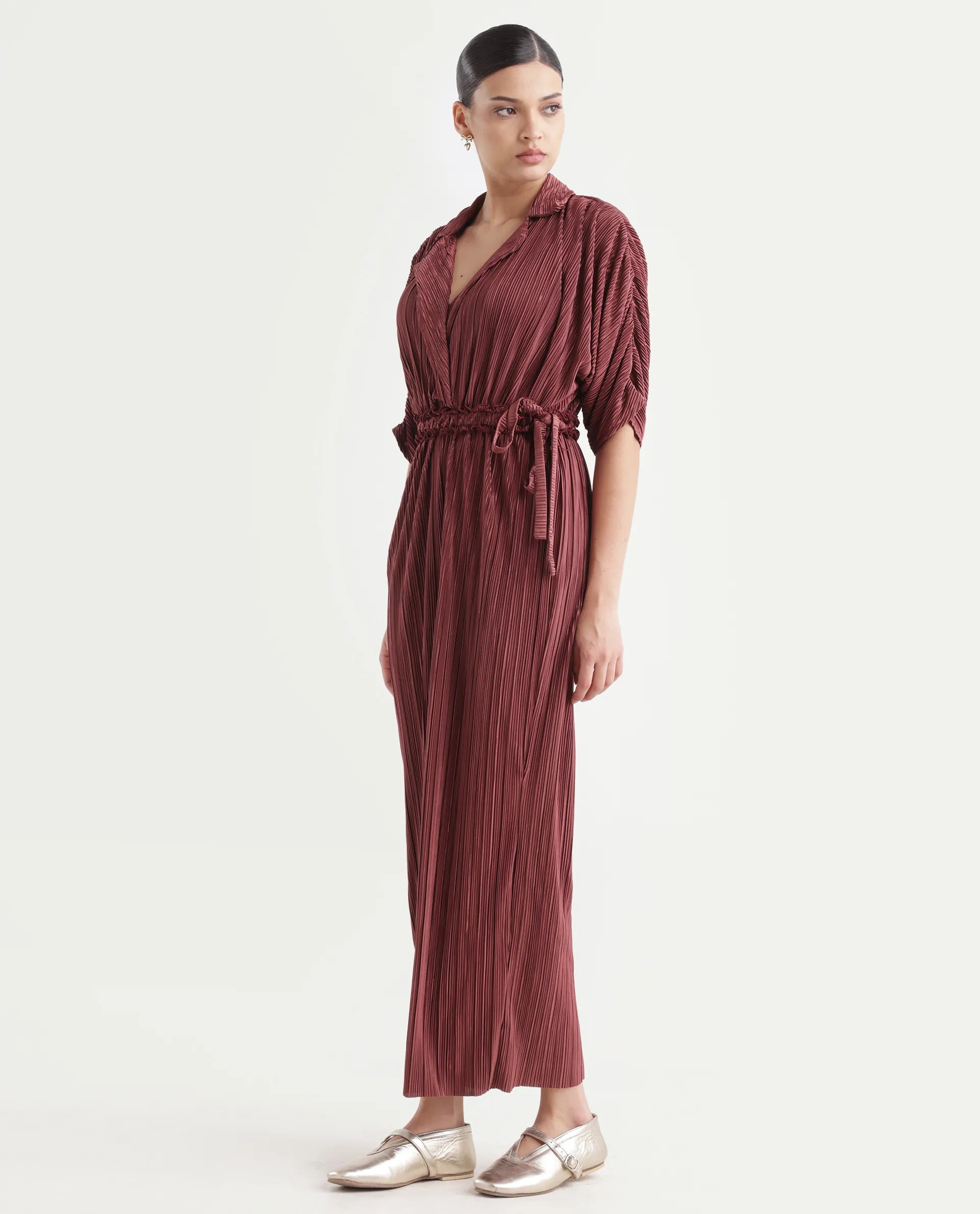 Rareism Women's Rio Brown Lapel Neck Plain Extended Sleeves Maxi Fit And Flare Jumpsuit