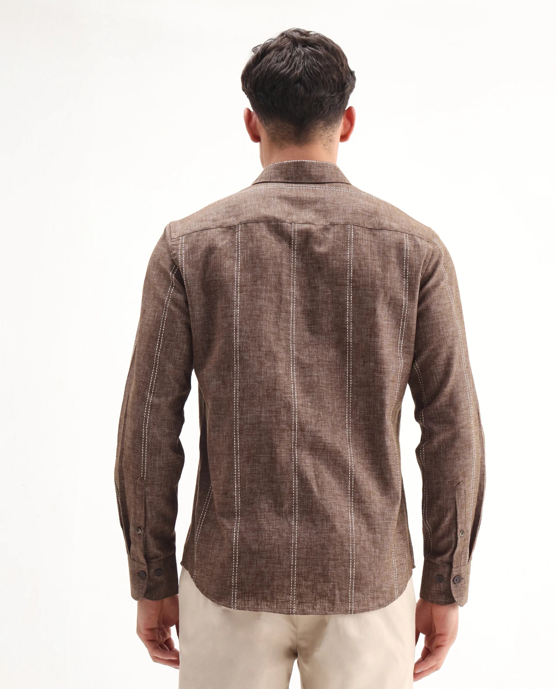 Rare Rabbit Men's Riog Brown Poly Blend Striped Print Regular Fit Full Sleeve Collared Shirt