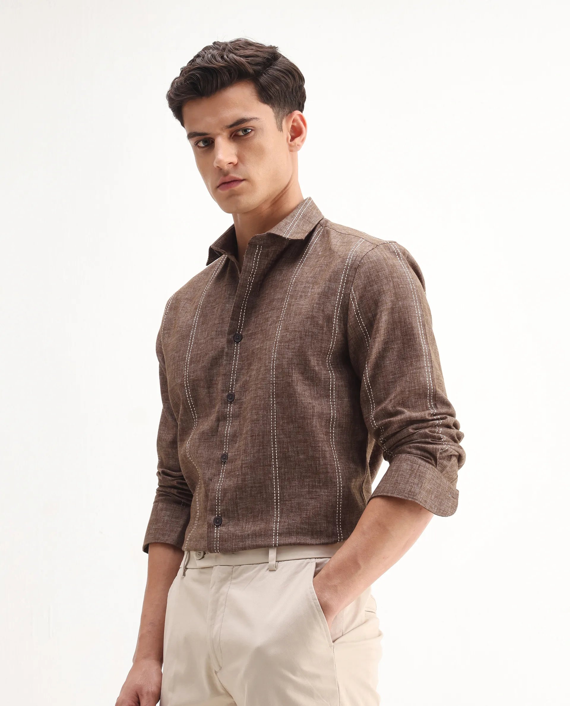 Rare Rabbit Men's Riog Brown Poly Blend Striped Print Regular Fit Full Sleeve Collared Shirt