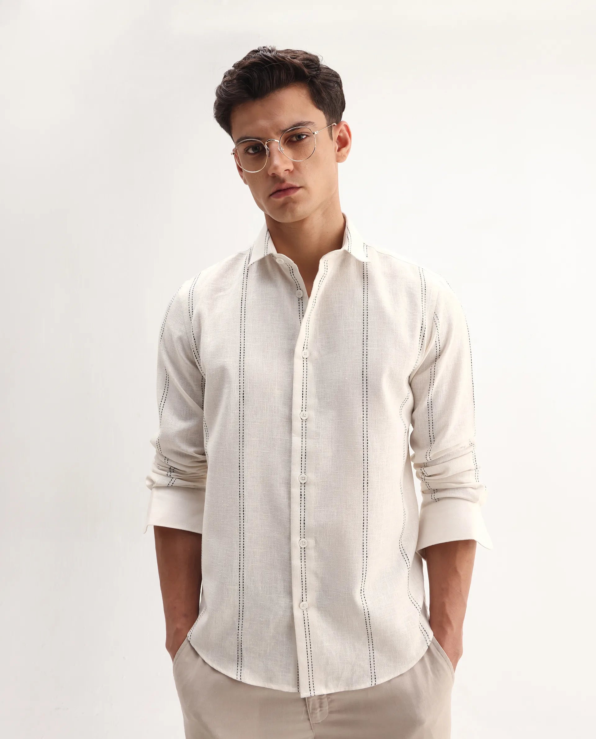 Rare Rabbit Men's Riog White Poly Blend Striped Print Regular Fit Full Sleeve Collared Shirt