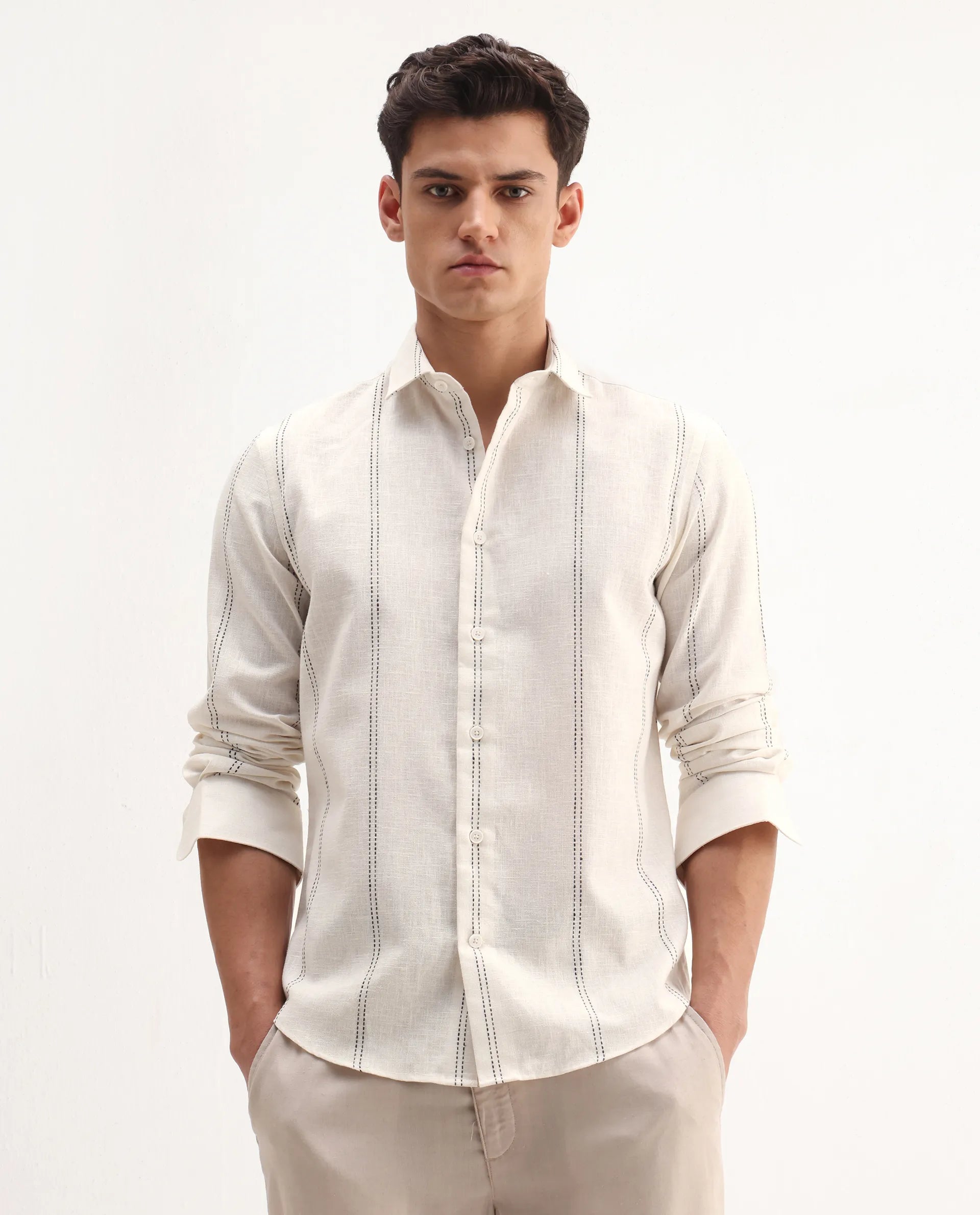 Rare Rabbit Men's Riog White Poly Blend Striped Print Regular Fit Full Sleeve Collared Shirt