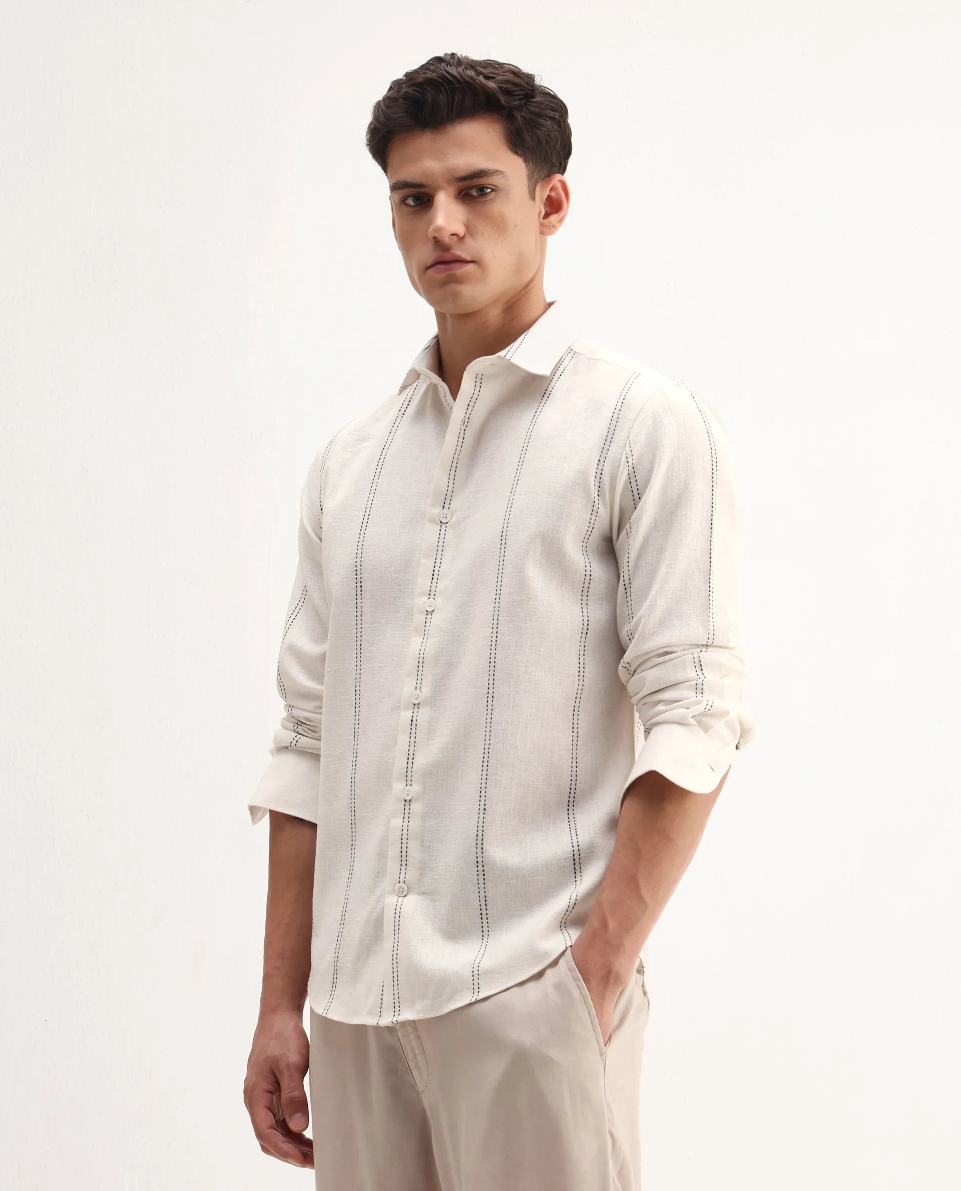 Rare Rabbit Men's Riog White Poly Blend Striped Print Regular Fit Full Sleeve Collared Shirt