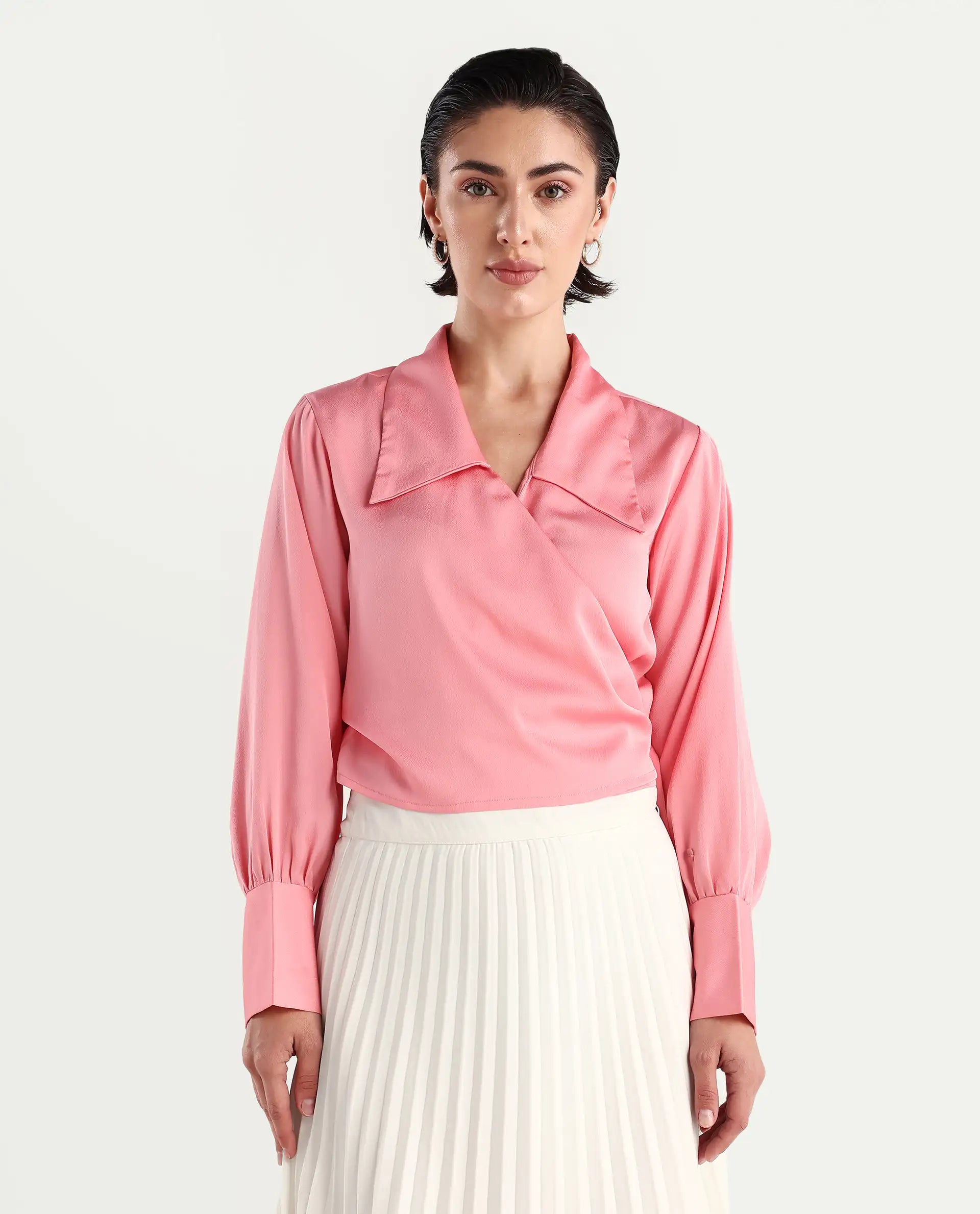 Rareism Women's Riola Pastel Pink Polyester Johnny Collar Plain Cuffed Sleeve Crop Regular Fit Top